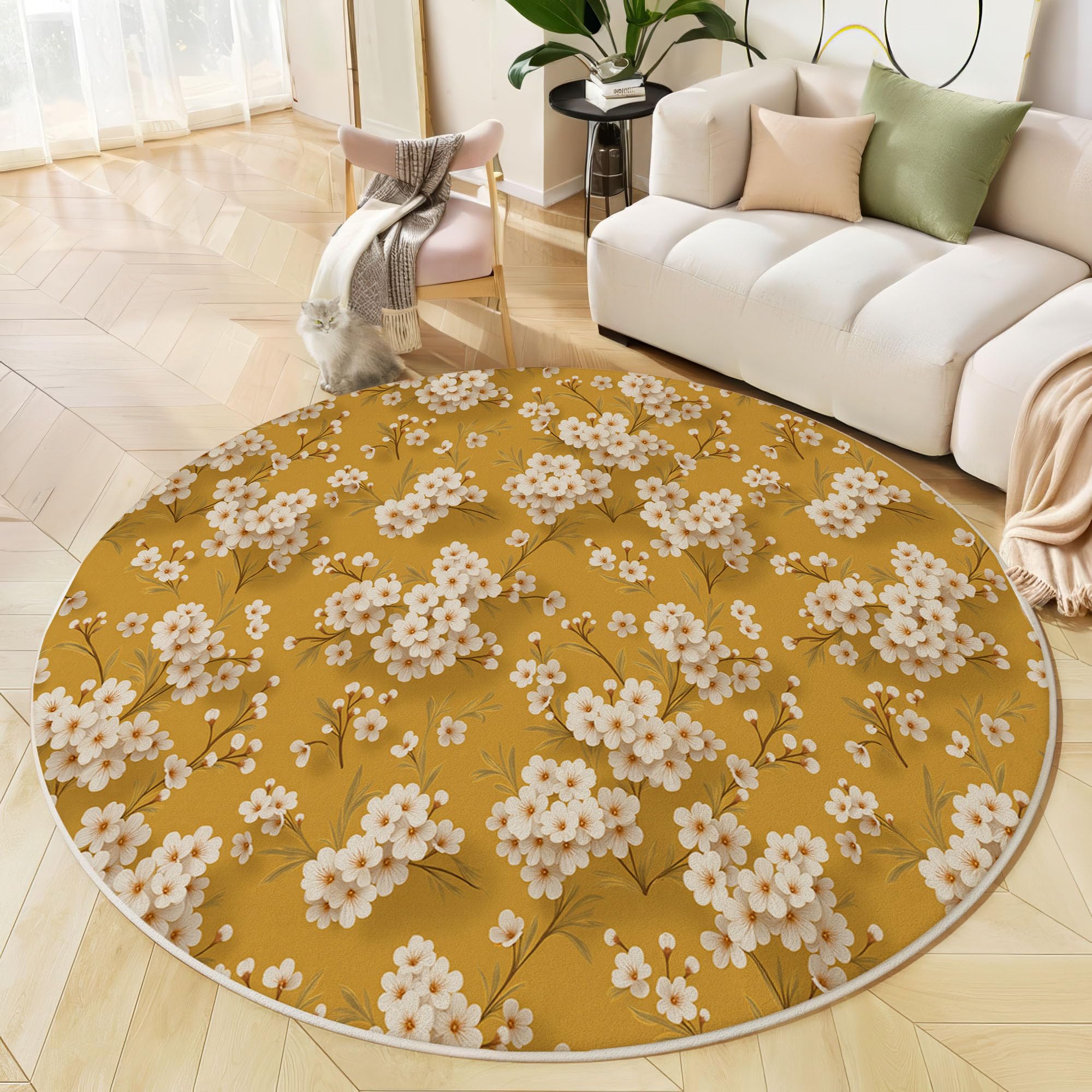 Tapis rond 180 cm bohème jaune lavable en machine pour salon