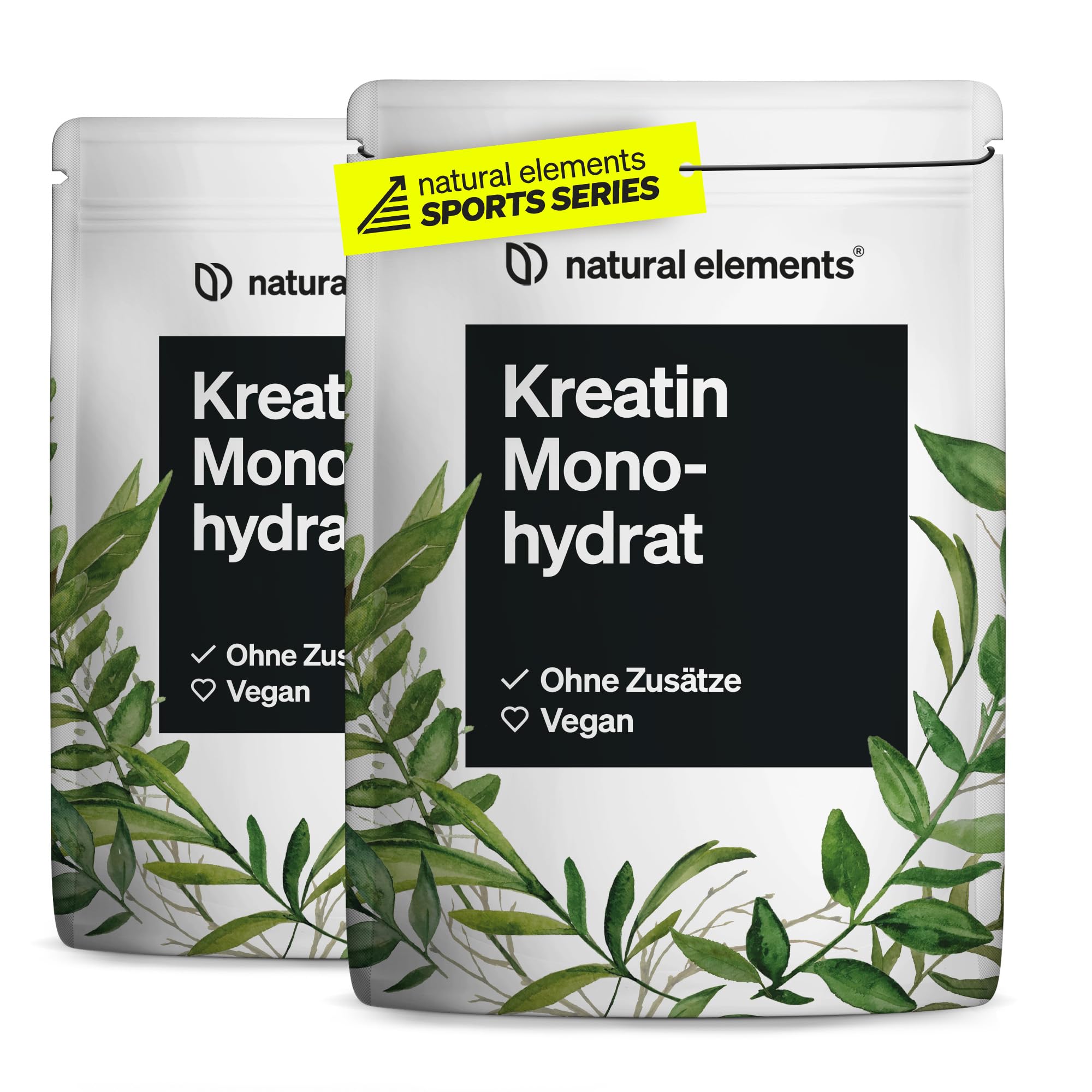 natural elements Creatin Monohydrat 2er Set – 2x 500g ultrafeines Pulver (Meshfaktor 200) – 332 Portionen reines Kreatin – hochdosiert – vegan, ohne unnötige Zusätze – laborgeprüfte Qualität