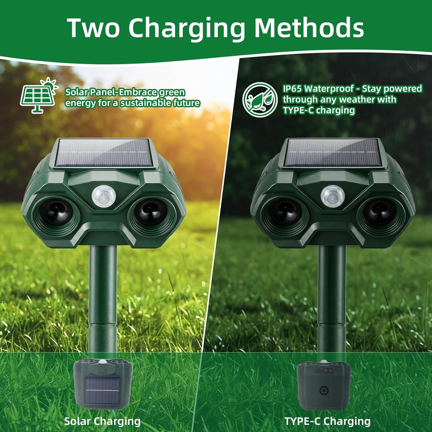 2 Pack Solar Animal Repellent Outdoor,USB Rechargeable Cat Deterrent Outdoor &Deer Repellent Devices Coyote Skunk Raccoon Fox Deterrents Light Animal Repeller with Motion Sensor for Yard Garden