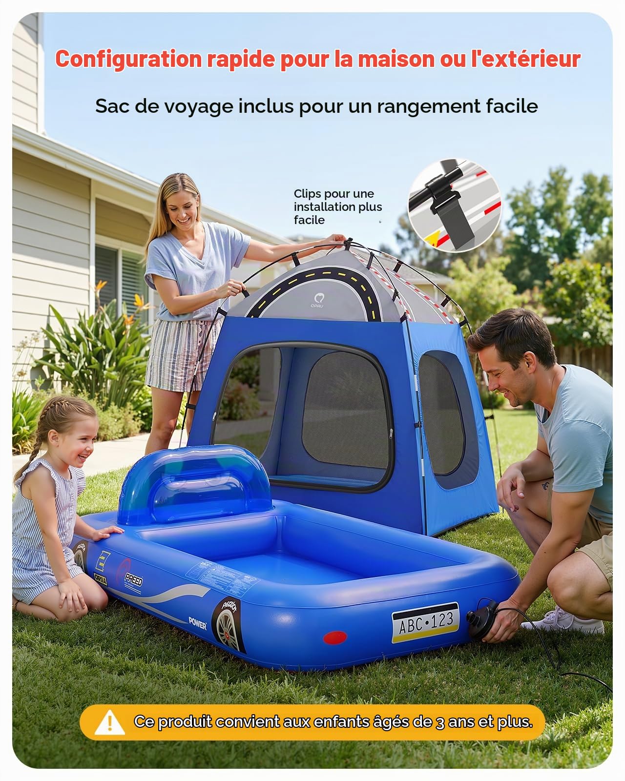 QPAU Matelas gonflable pour enfants, motif tente de voiture de course, à partir de 3 ans, bleu