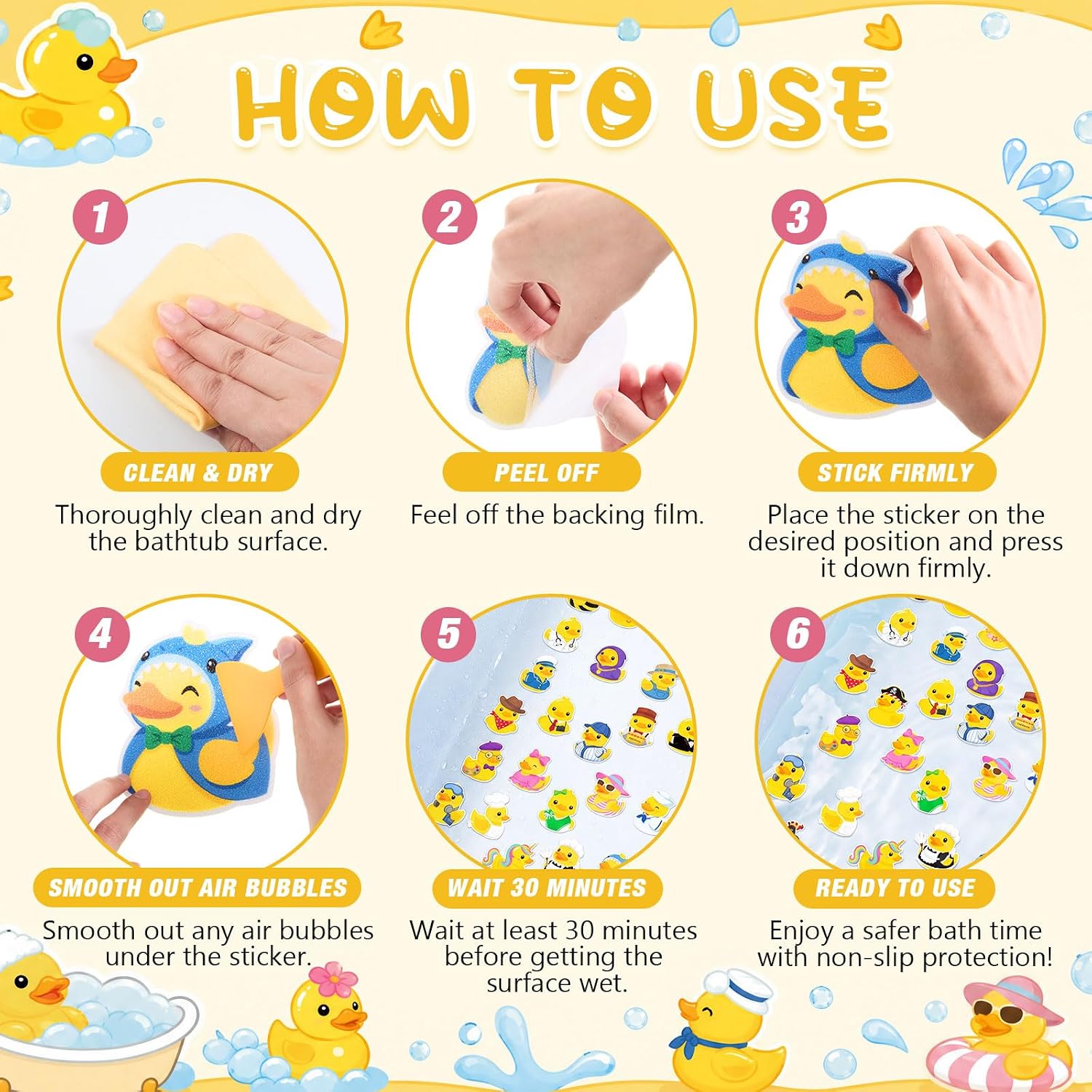 Fullhawl 30 Pcs Rubber Duck Non Slip Shower Stickers, Bathtub Safety