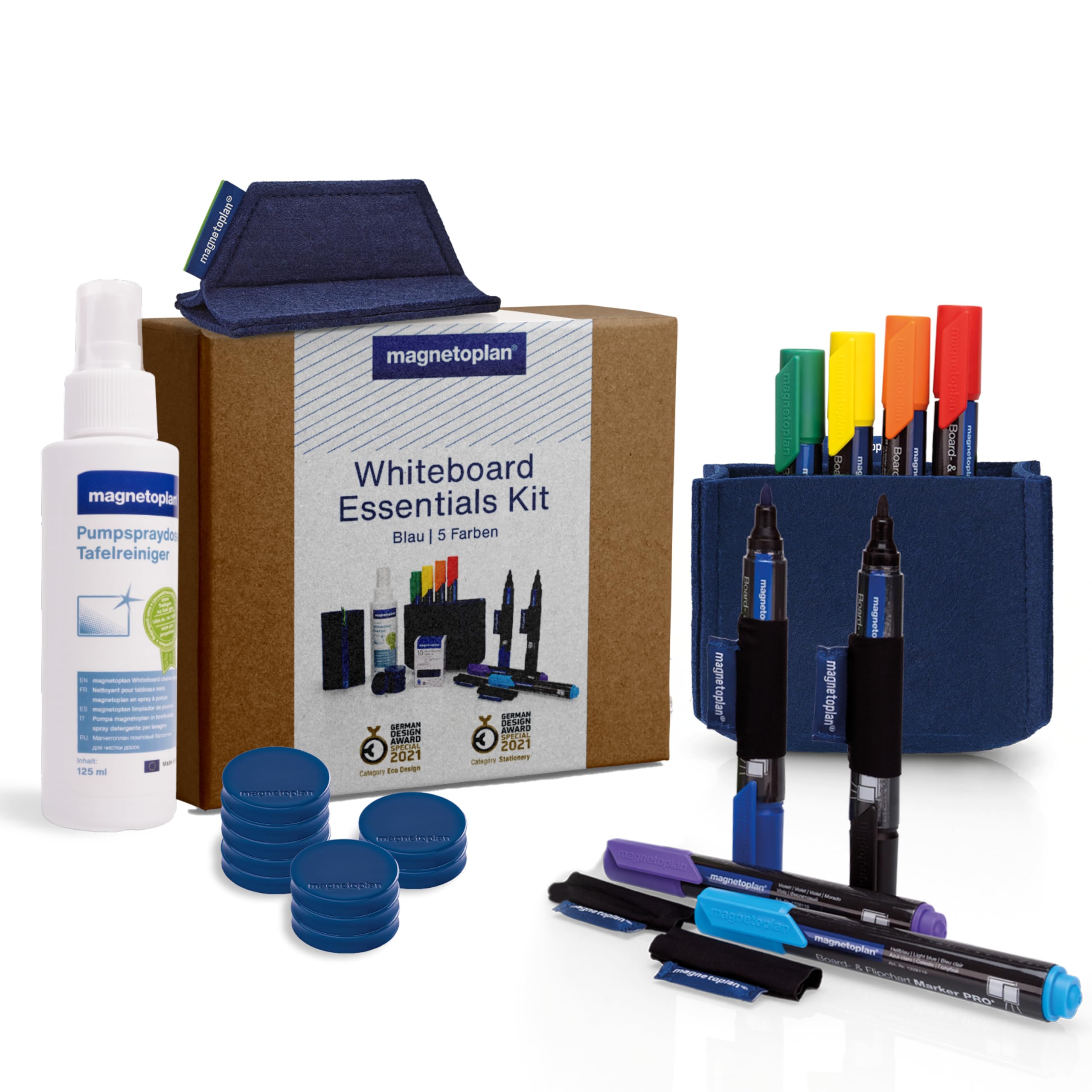 magnetoplan Whiteboard Essentials Kit, Blau | Praktisches Komplett Set | Ideal für agiles Arbeiten mit Whiteboard + Flipchart | Inkl. Markern, magnetischen Stiftehaltern, Tafellöscher, Reiniger etc.