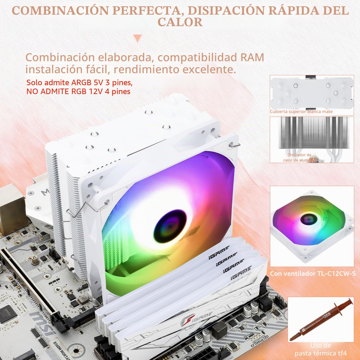 TR Assassin King 120 SE White ARGB Enfriador de aire para CPU, 5 tubos de calor, TL-C12CW-S PWM Enfriador de CPU silencioso, Para AMD AM4 AM5/Intel 1151/1150/1200/1700