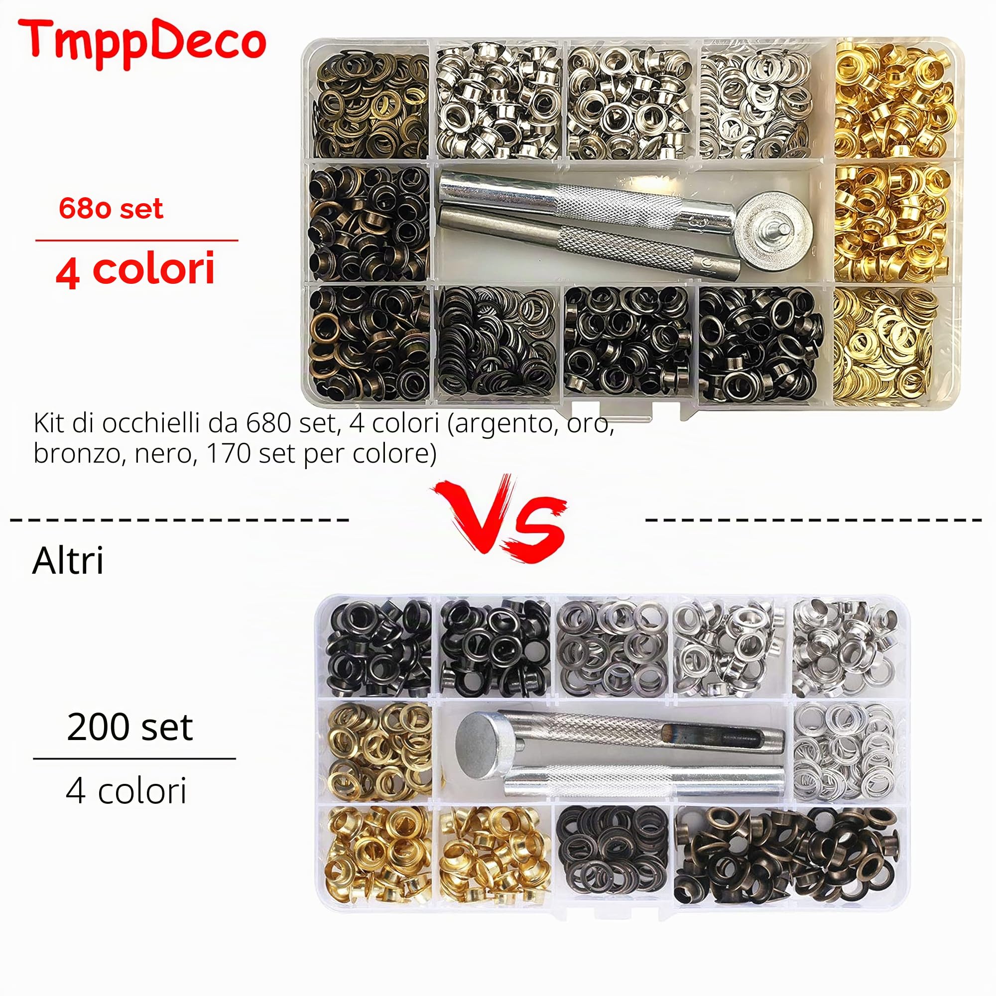 Occhielli Metallici 5mm 4 Colori 680 Set con Strumenti per Tela Borse Teloni