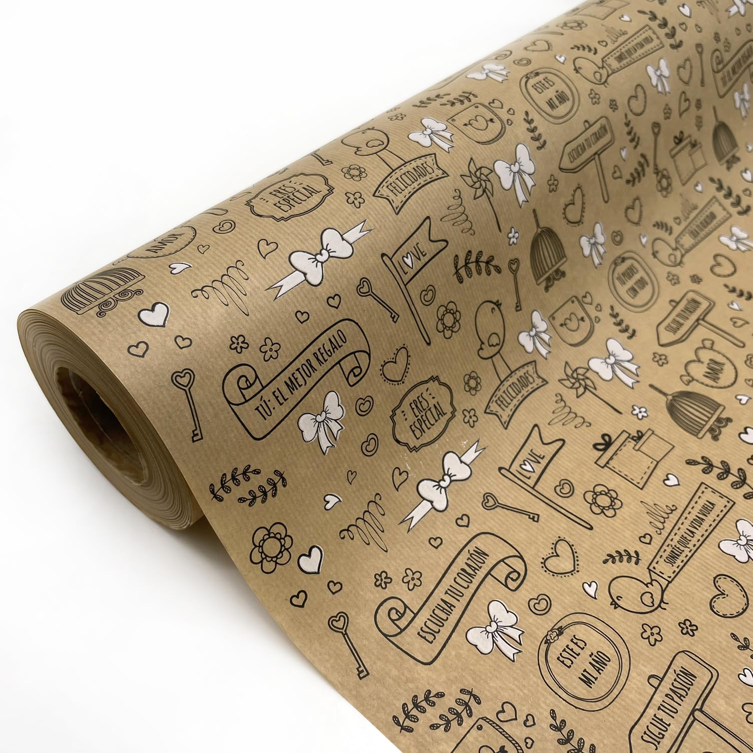 Papel de regalo kraft verjurado en rollo de 62CM x 100M con frases positivas. Ideal para: Comercios, envolver regalos, aniversarios, cumpleaños y celebraciones Navideñas. (POLLITOS)
