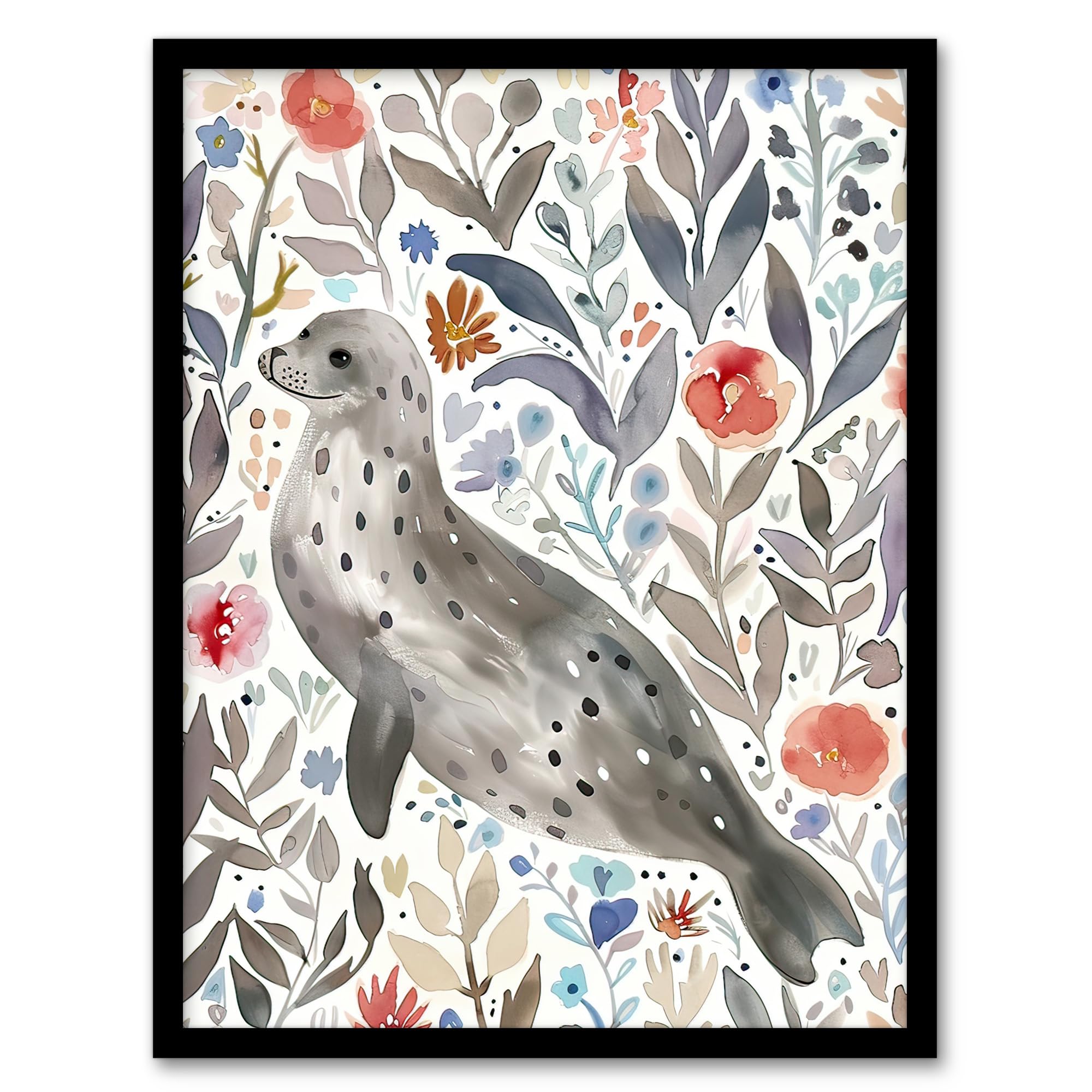 Artery8 Happy Seal with Coastal Wildflowers Watercolour Living Room Artwork Framed Wall Art Print A4