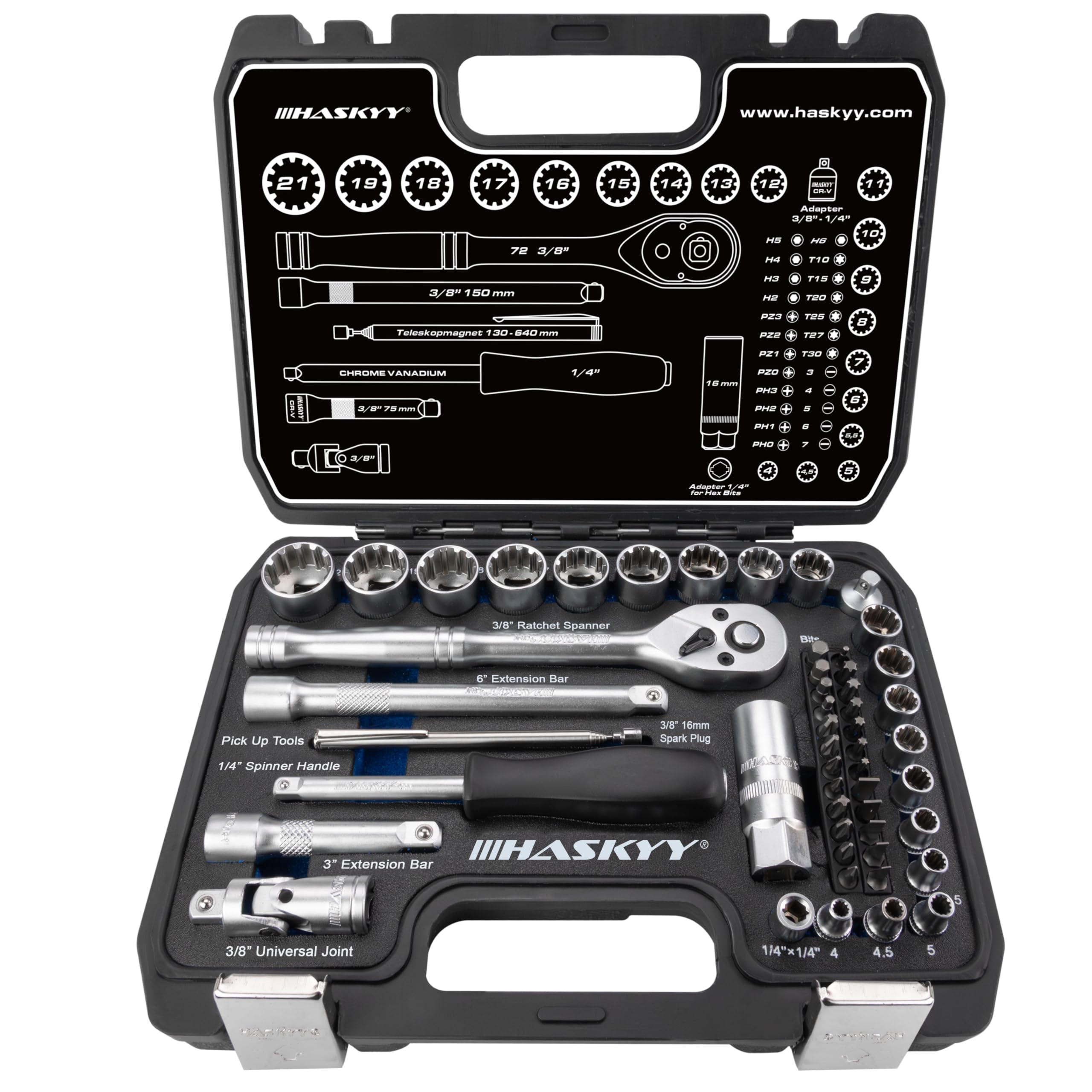 HASKYY Gear Lock TORX XZN Profile E Profile Socket Set 52 Piece Assorted Inch for 6 and 12 Sided Screws Metric