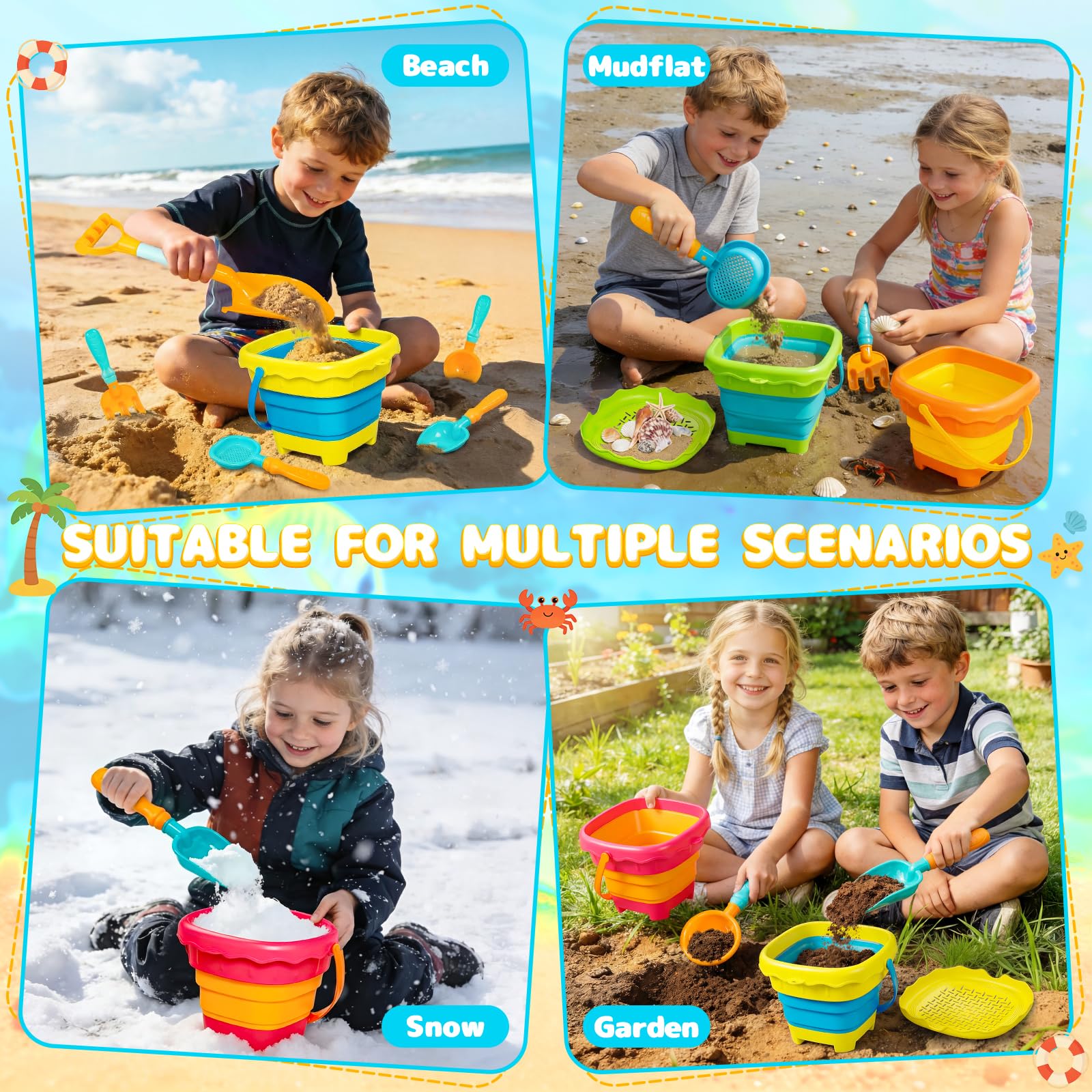 Shemira Faltbarer Strand Sandeimer, Faltbarer Sandeimer mit Schaufeln Set, Reise Strand Spiel für Sommer
