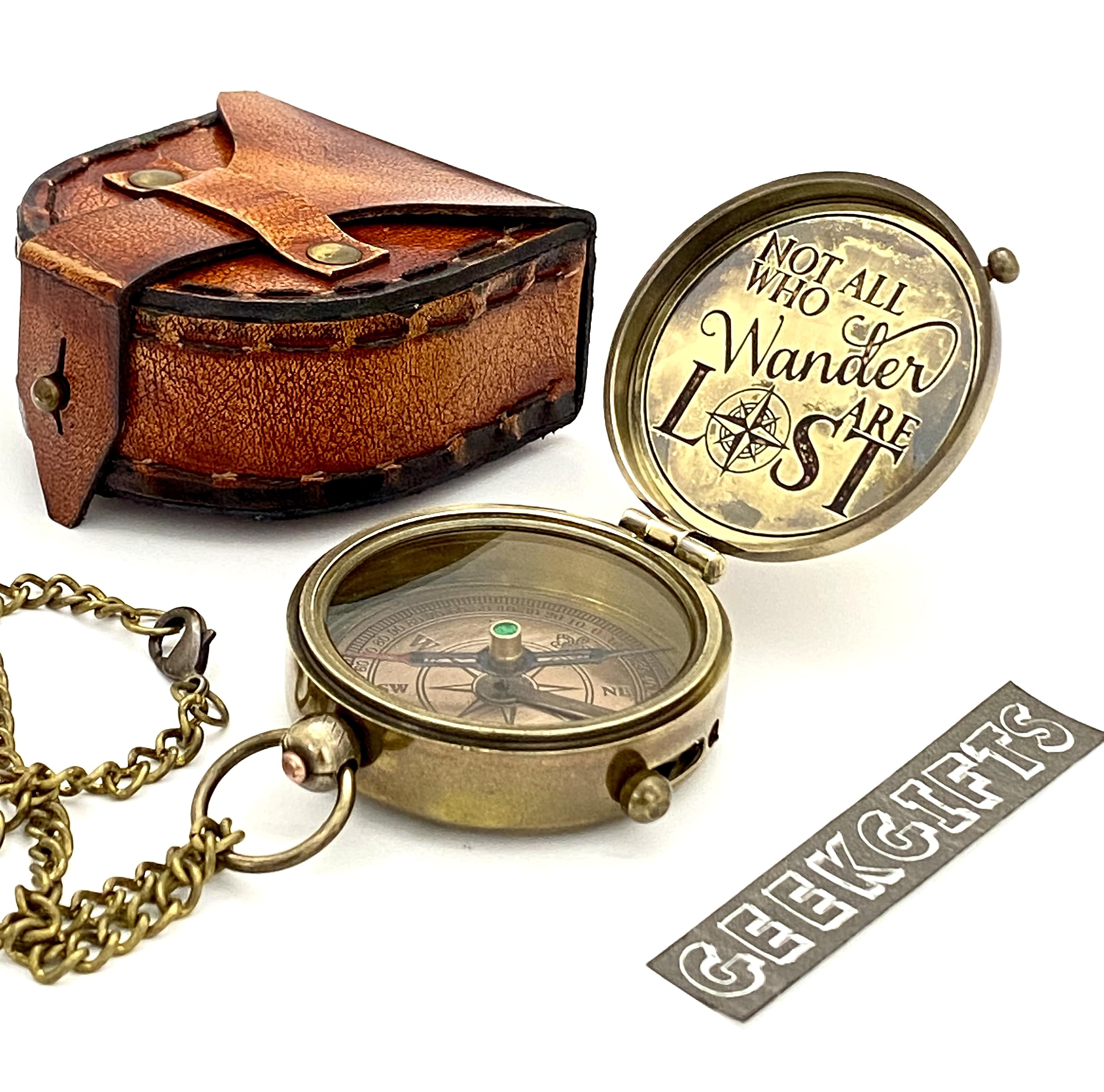 Brújula de bolsillo – Brújula de latón – Brújula grabada – Not All Wander are Lost – Regalo retro steampunk, brújula náutica con caja de cuero
