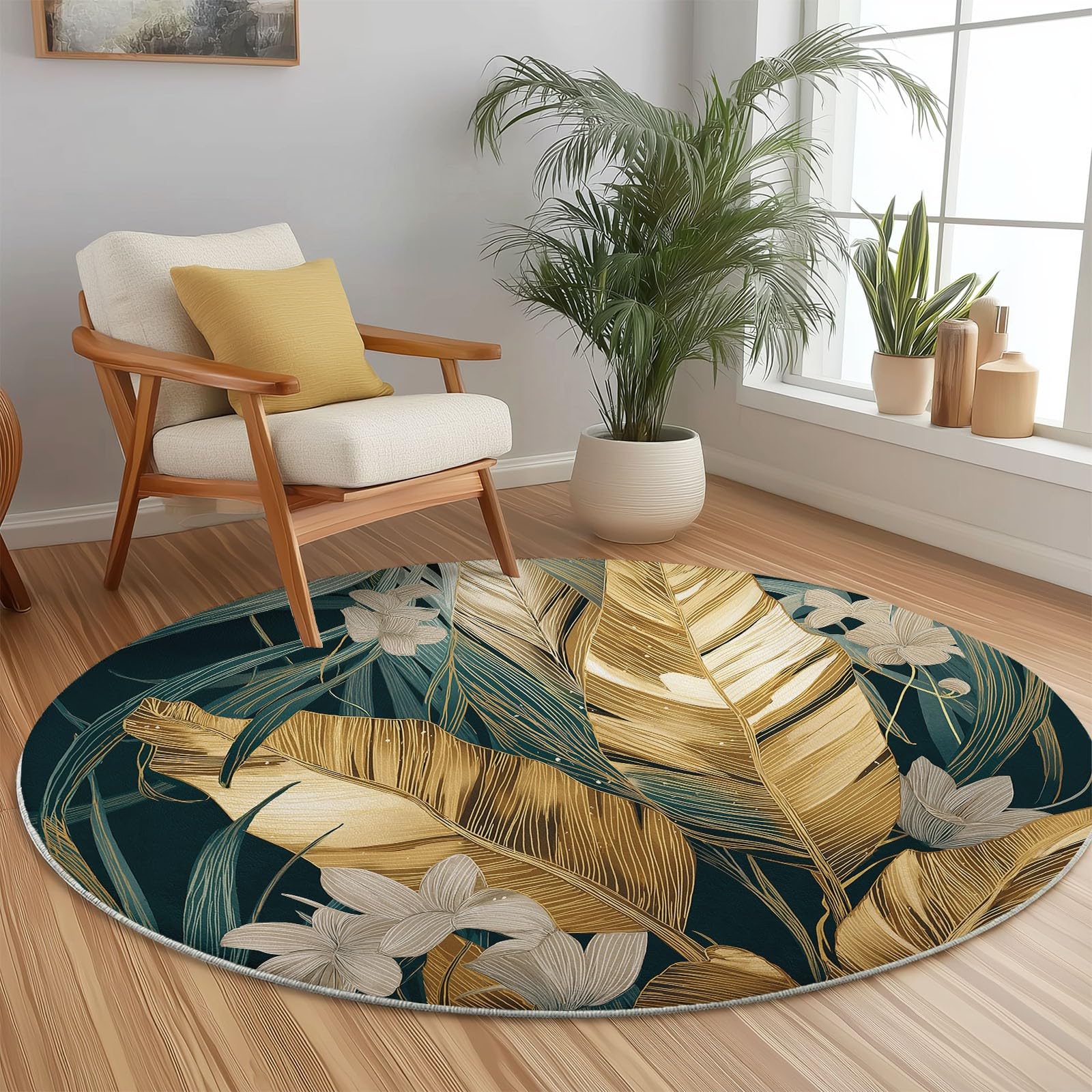 Générique Tapis Rond 160 cm Motif Feuilles de Bananier Dorées sur Fond Vert Foncé, Tropical Chic, Poil Court Antidérapant, Lavable, Idéal Salon, Salle à Manger, Chambre, Élégance et Confort
