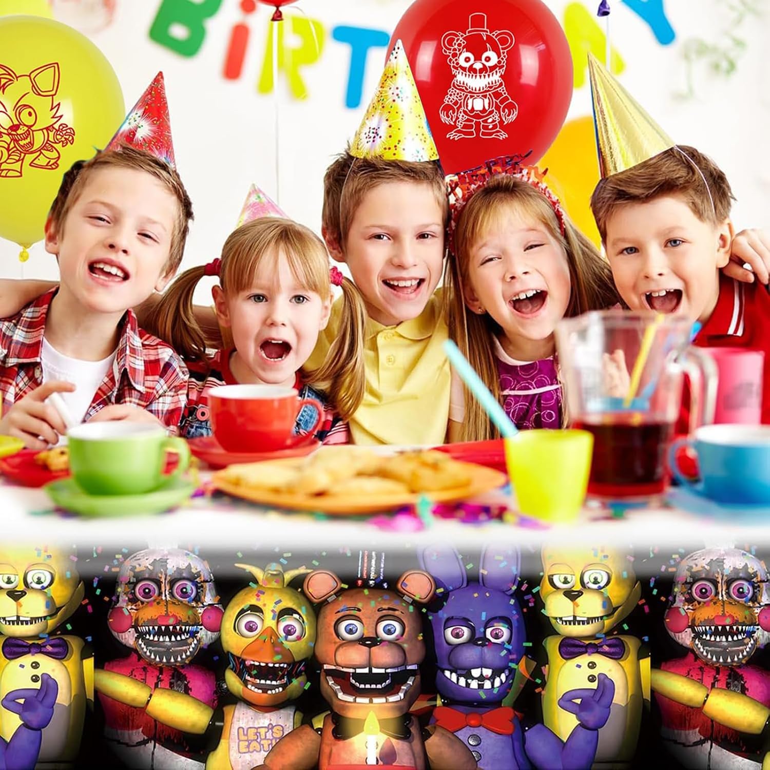 5 Nights Birthday Supplies, Freddy's Party Decorations include Banner, Tablecloth, Plates and Napkins for Teens Kids Adults Party Decor