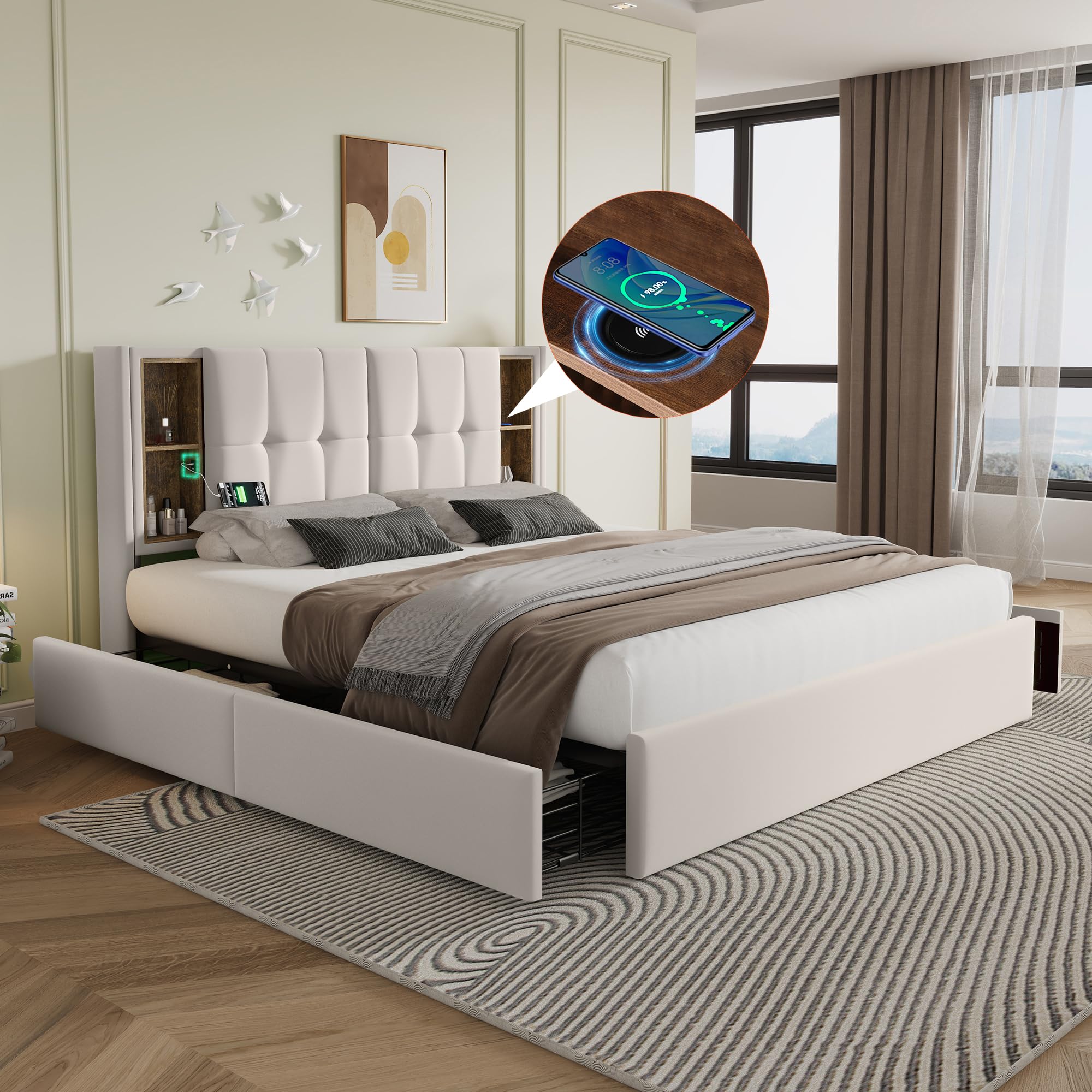 Lit Coffre 160x200 beige, Lit capitonné en tissu avec LED, étagère de lit, ports USB-C et sommier relevable (Sans matelas) - Maison