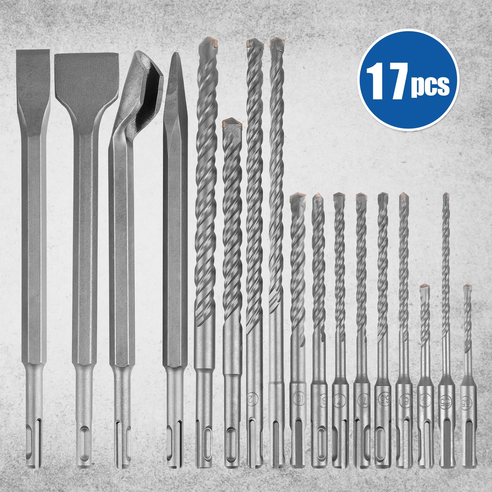 Juego de brocas y cinceles para martillo giratorio, 17 piezas SDS Plus para hormigón y mampostería con estuche de almacenamiento, juego de brocas con punta de carburo para hormigón, piedra, ladrillo