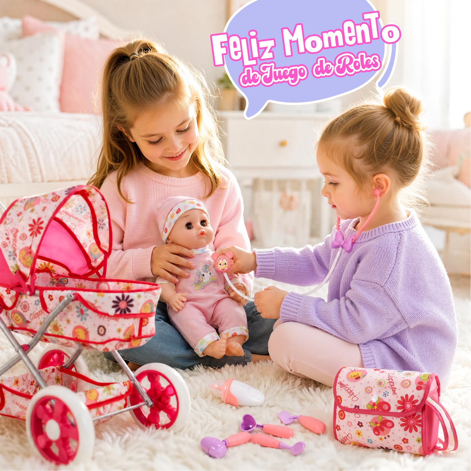 HappyGoLucky Carrito Bebe Juguetes con Muñeca de 28 cm, Ropa y Accesorios para Muñecas Juguetes Niños 2-8 Años Juego de rol Regalo Niña 3-7 Años Cochecito Muñecas Ideal para Cumpleaños y Navidad