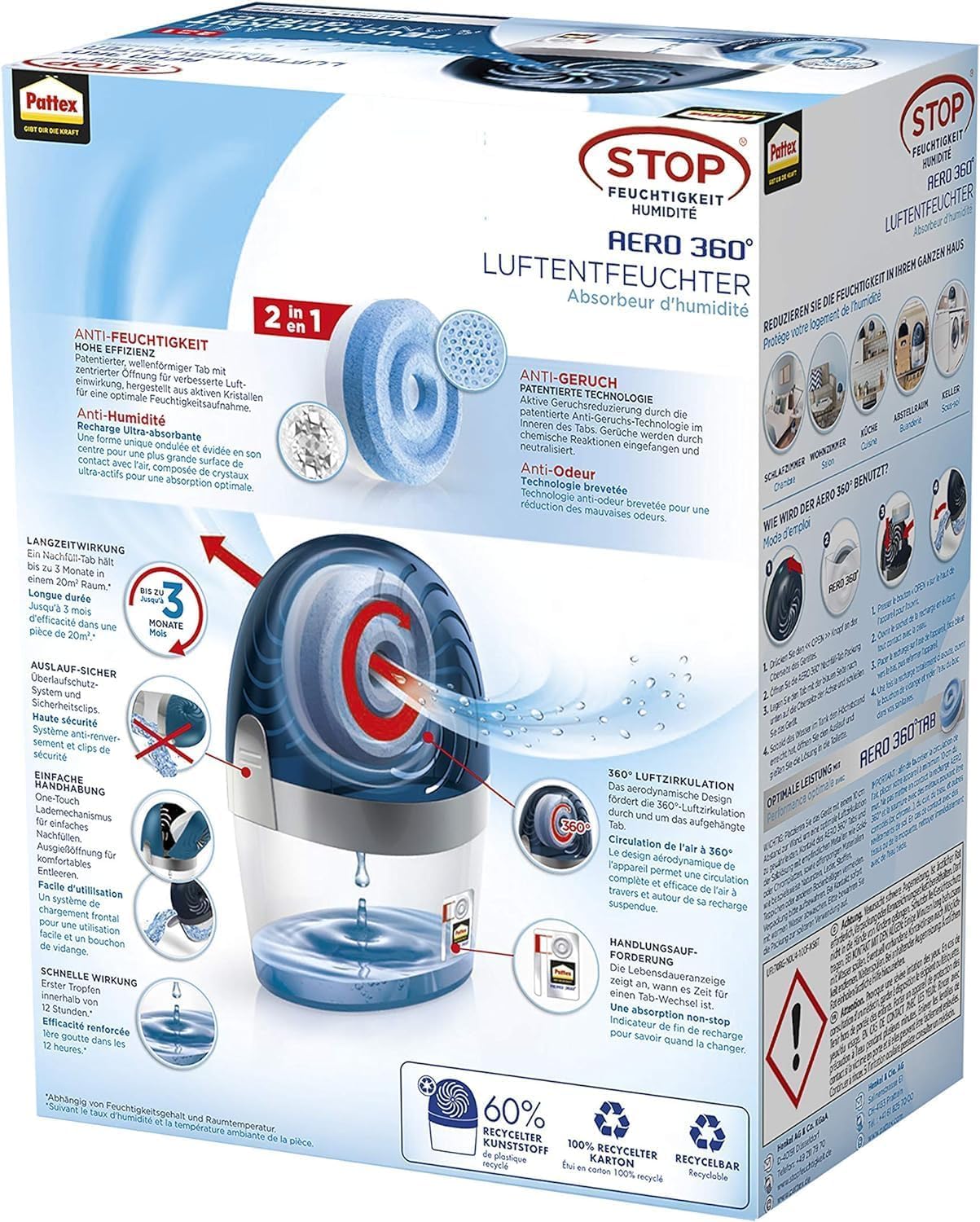 Pattex AERO 360º Luftentfeuchter, ultra-absorbierend, hilft Kondenswasser, Schimmel- und Modergeruch zu vermeiden, nachfüllbarer Raumluftentfeuchter, 6x 1 Gerät inkl. 1 Nachfülltab 450g