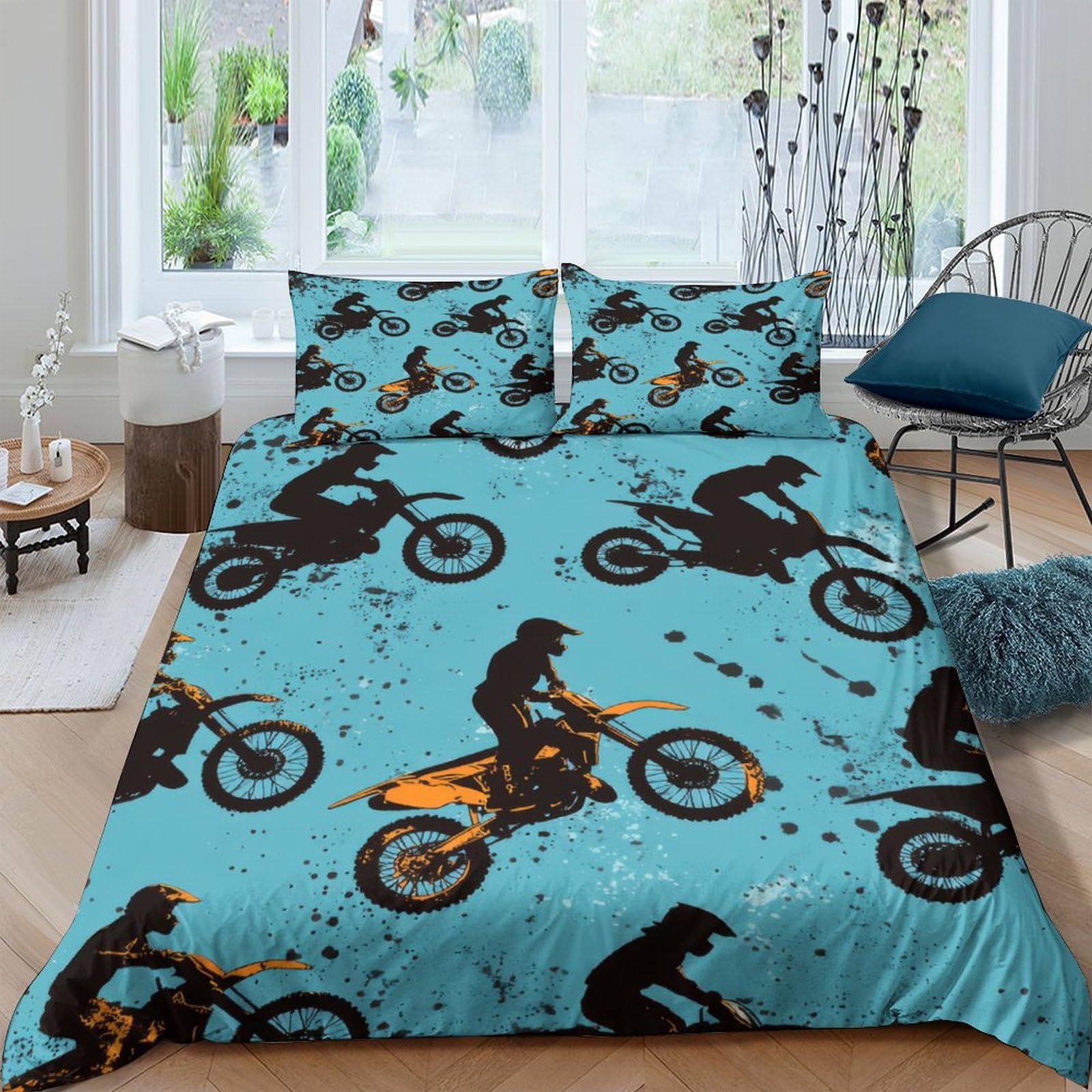 Ctjqhvkz Style-9 3D Printed Motocross Rider Fitted Sheet Microfiber Anti-Slip Bed Cover Blue For Bedroom Dorm Decor Single（135X200cm）