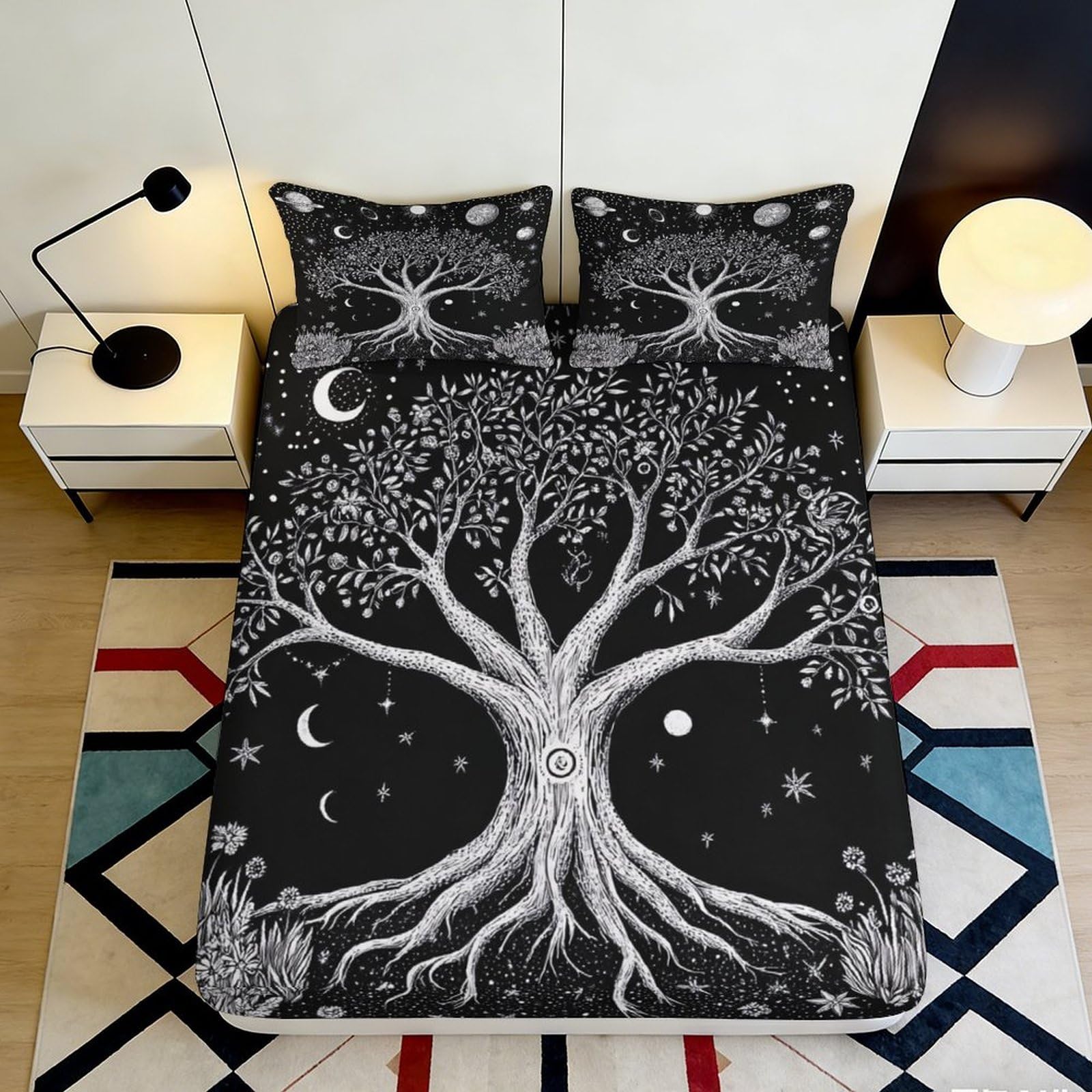 3D Printed Tree of Life Fitted Sheet Microfiber Black Moon Night Mattress Cover for Bedroom Dorm Mattress Decor 90x200x25cm
