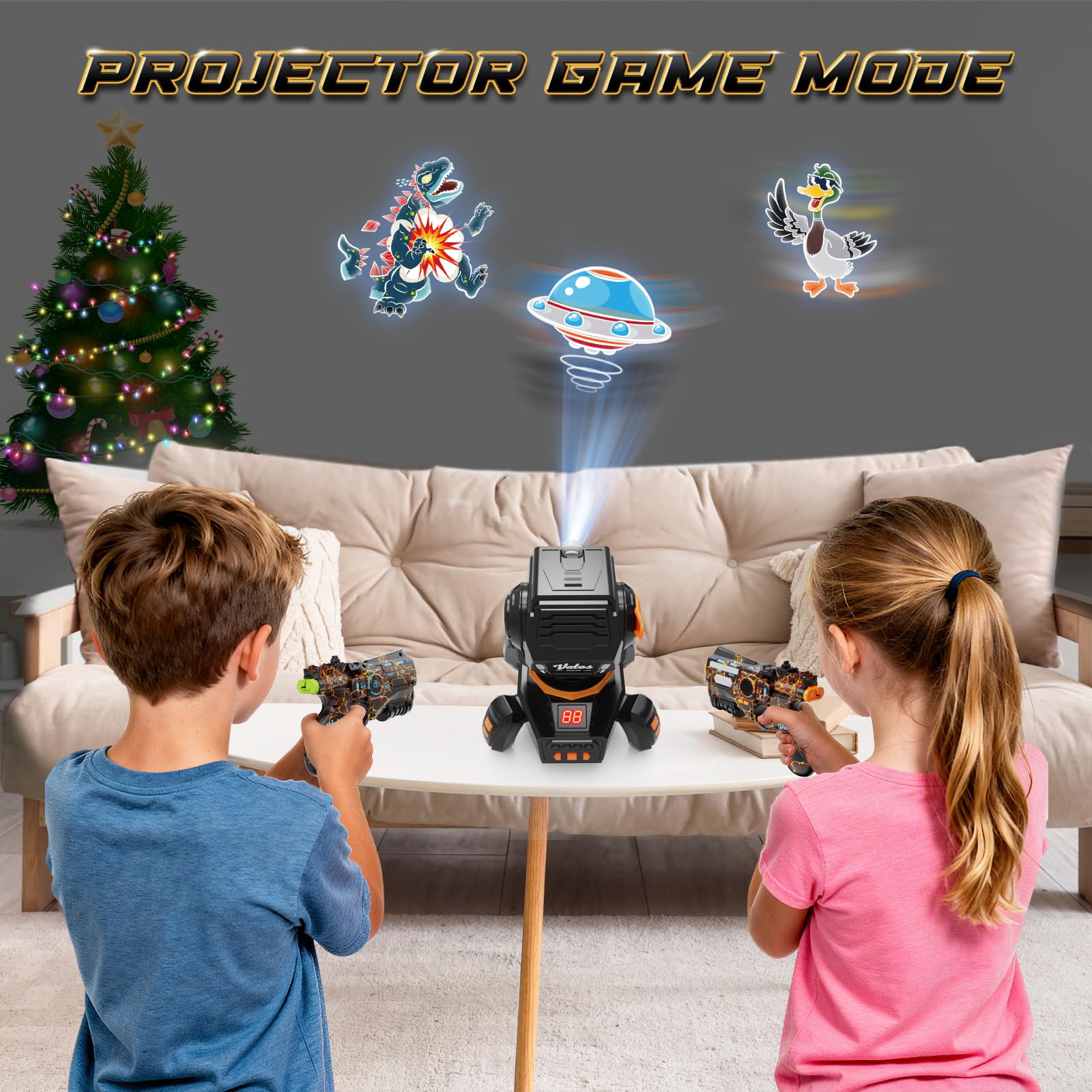 VATOS Wiederaufladbares Infrarot Laser Tag mit Projektor, 2 Spieler Spielzeug Pistole mit digitaler LED-Punktanzeige, 2.4GHz Echtzeit-Daten-SYNC, perfektes Familien-Aktivitätsspielzeug für Kinder