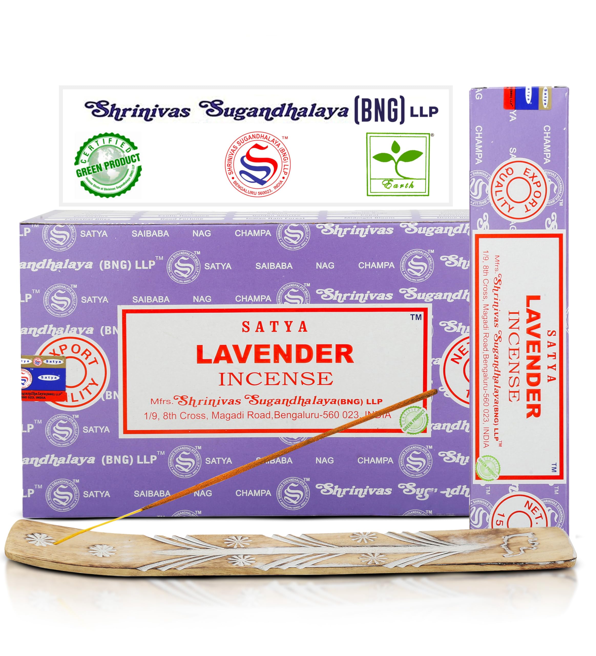 Satya Lavender Incense Sticks, Satya Bng (Bangalore) Insenses 15gmx12 Pack with Raajsee Incense Holder Bundle, Satya Nagchampa Natural Incense