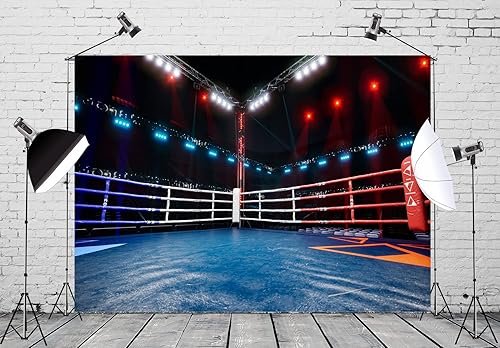 Miniatura 3 de BELECO Telón de fondo de boxeo de tela de 8 x 6 pies, anillo de boxeo, luces de escenario, fondo de fotos deportivas, decoración de fiesta de boxeo,