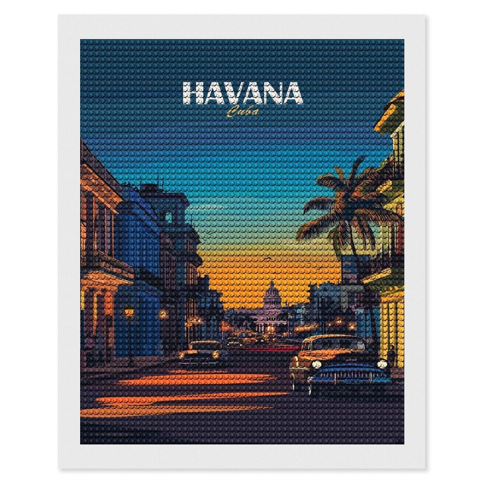 Junmoney Havana Cuba Cityscape Illustration DIY Diamond Art Canvas Kit 16"x20", for Teens, Aesthetic Room Decor, Farmhouse Decor, Canvas Picture, Birthday Gift