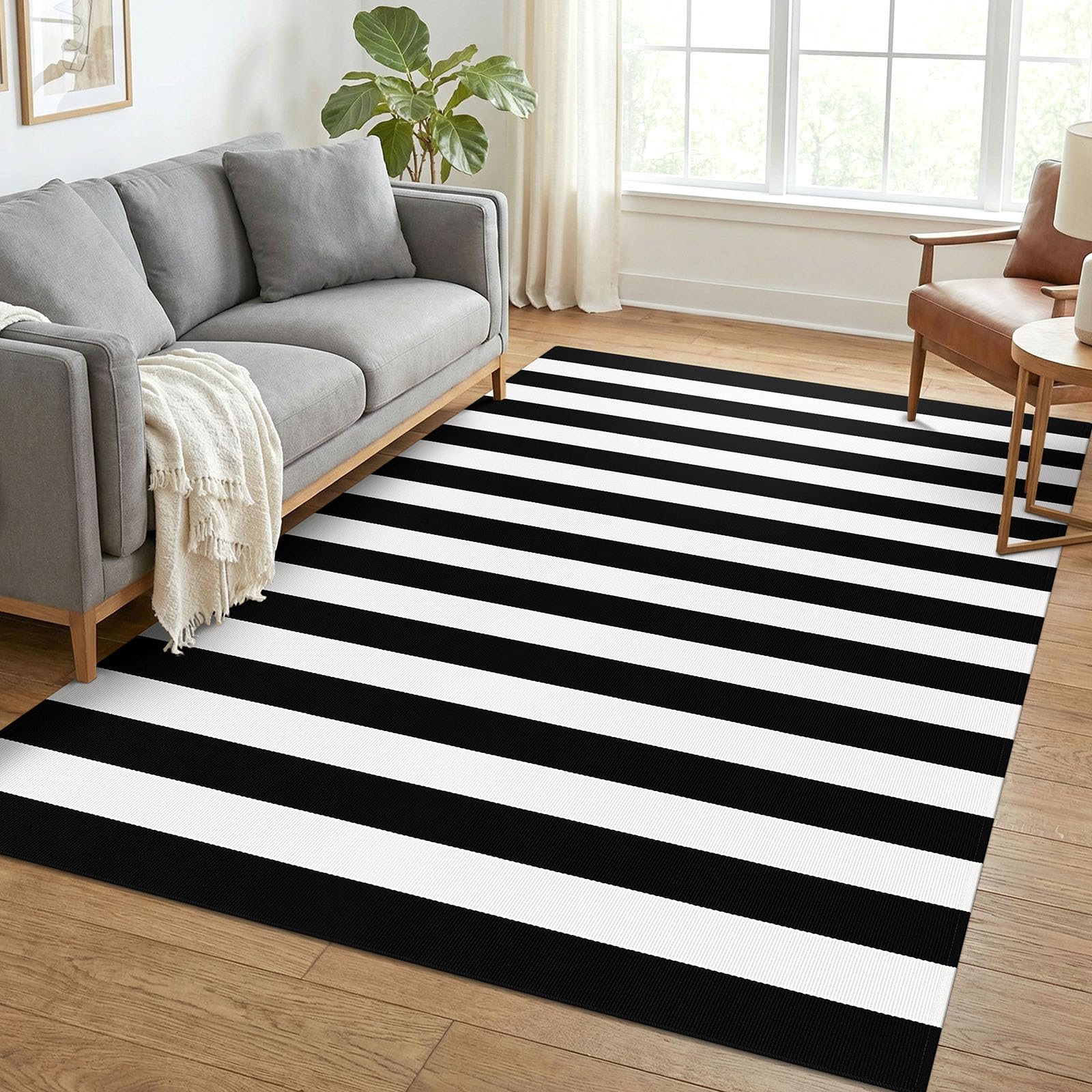 Photo 1 of [DIRTY] KOZYFLY Black White Rug 5x7 Area Rug Woven Washable Striped Rugs Cotton Farmhouse Indoor Outdoor Rugs for Living Room Bedroom Entryway Porch Patio