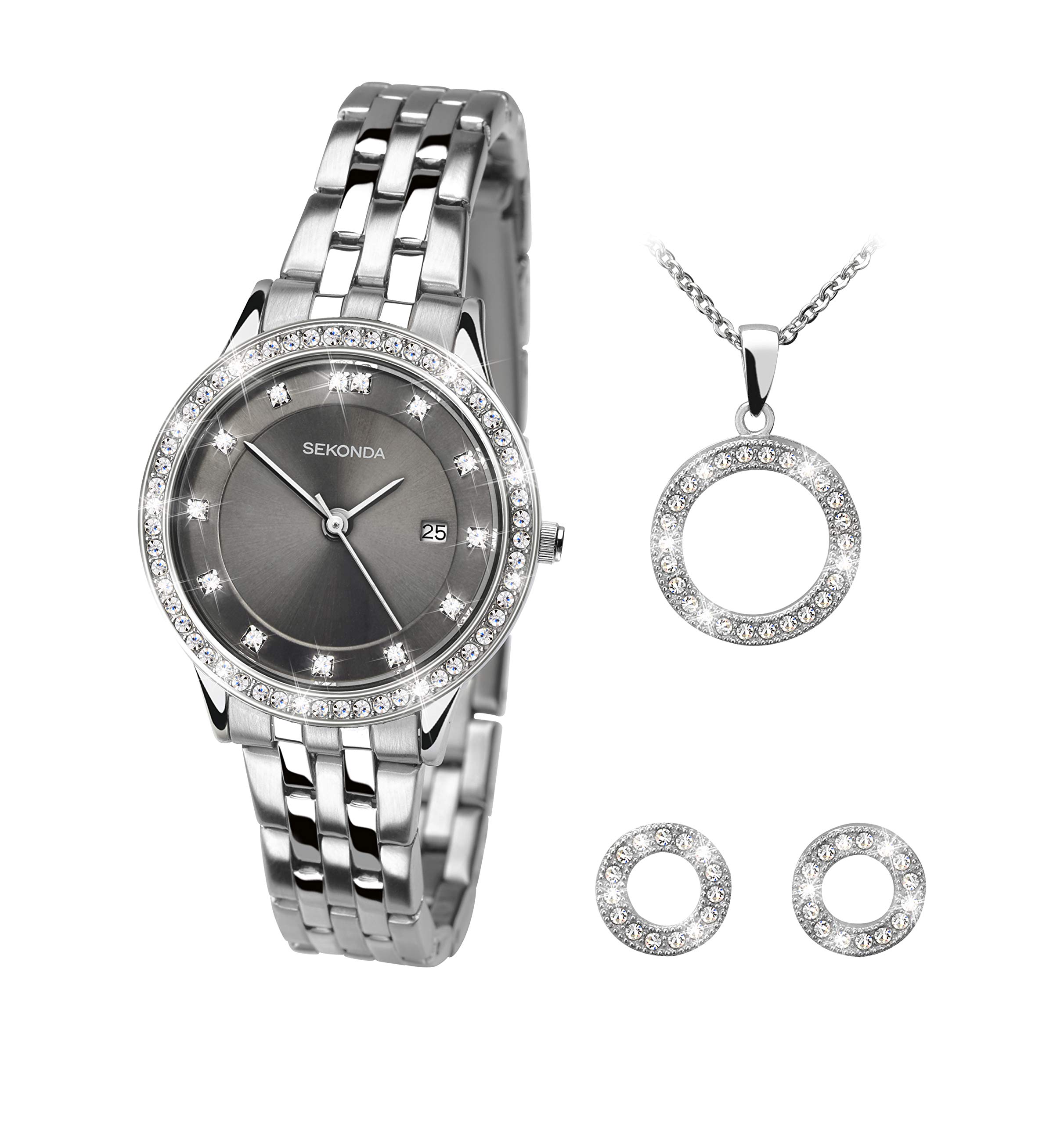 Sekonda 2364g Silver And Grey Tone Sparkle Watch Necklace Earrings