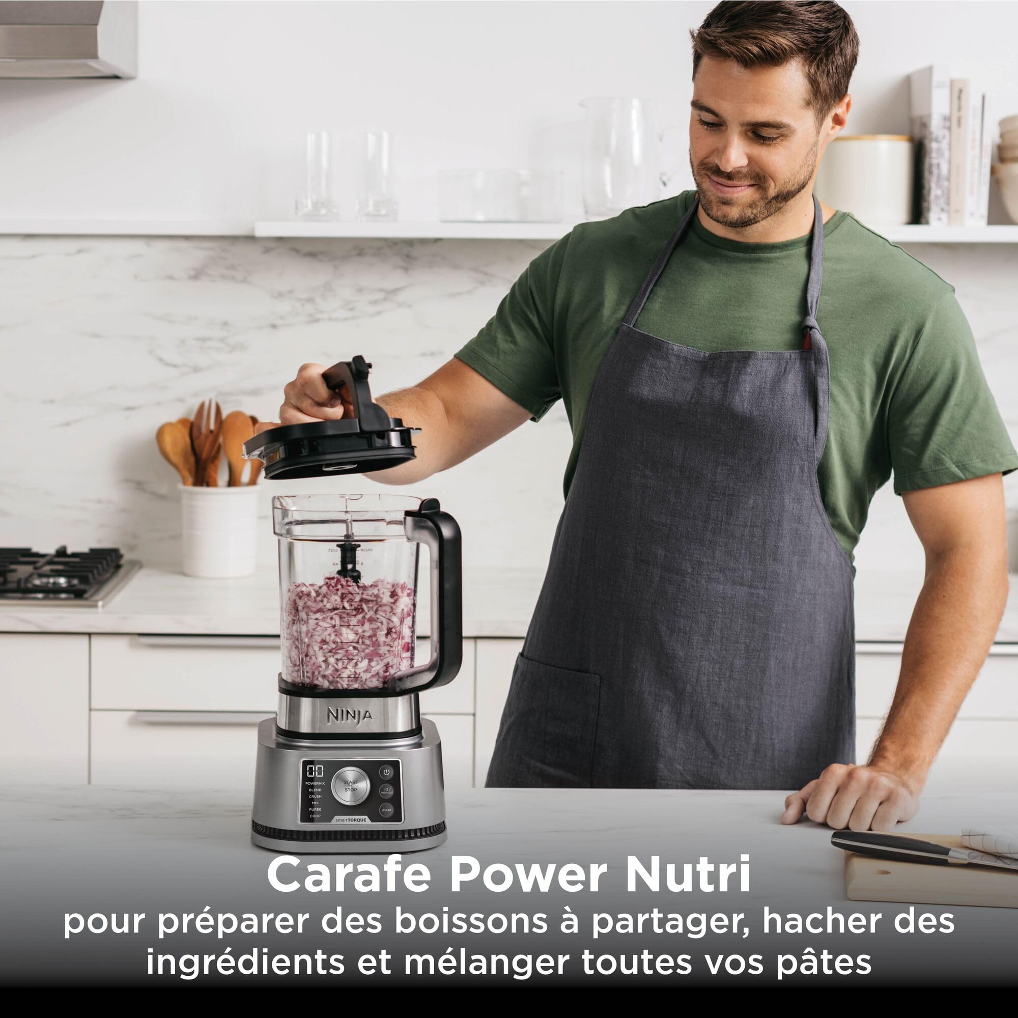 Ninja Foodi Power Nutri Blender 3-en-1, mélange les bols de smoothie, les pâtes à tartiner épaisses épaisses et les boissons glacées, programmes automatiques, 2.1L, 700ml & 400ml,1200W, Silver CB350EU