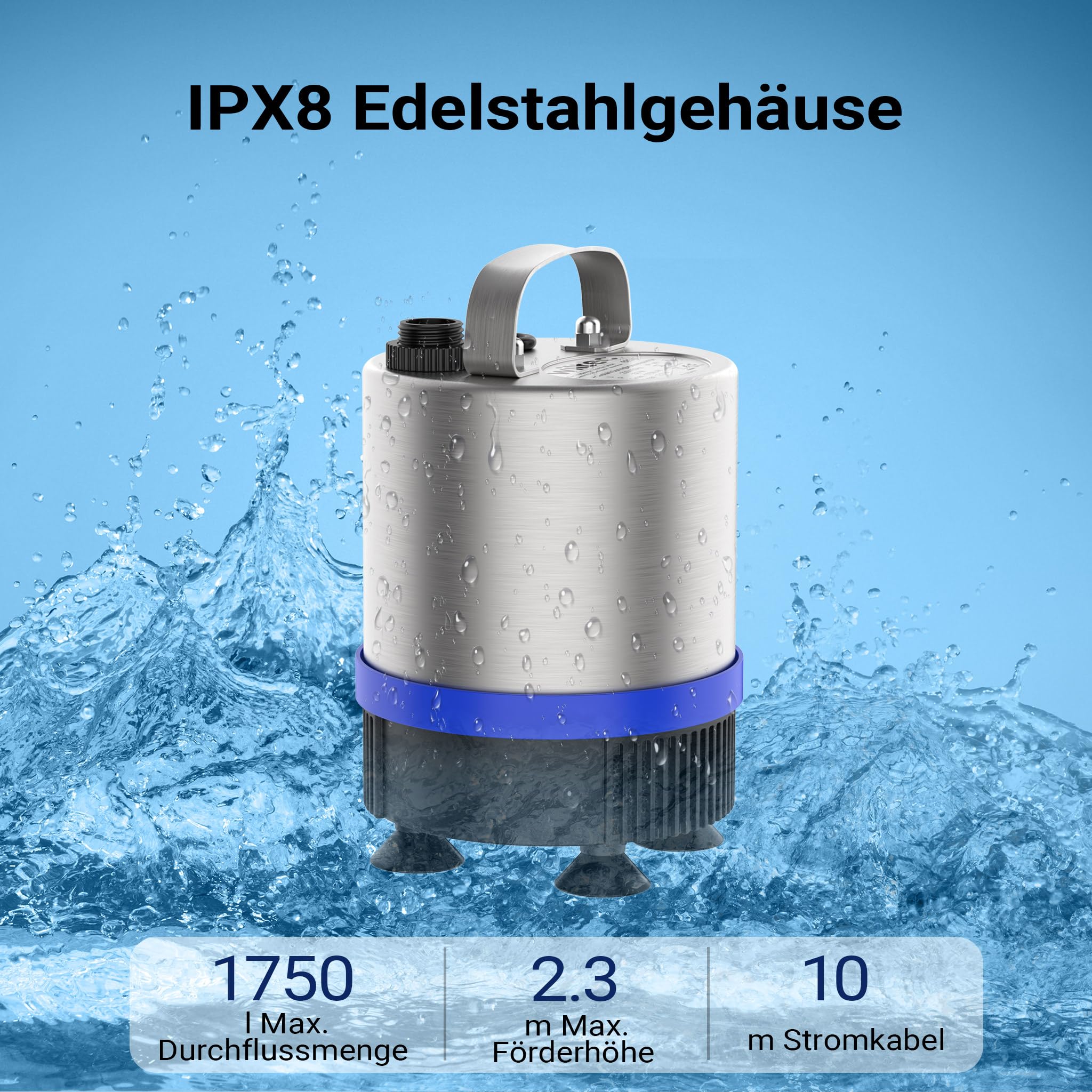 Wiltec Edelstahl Springbrunnenpumpe 50 W 1750 l/h, max. Fontänenhöhe 1,6 m, Teichpumpe inkl. 3 Aufsätze für verschiedene Fontänen, Aquariumpumpe