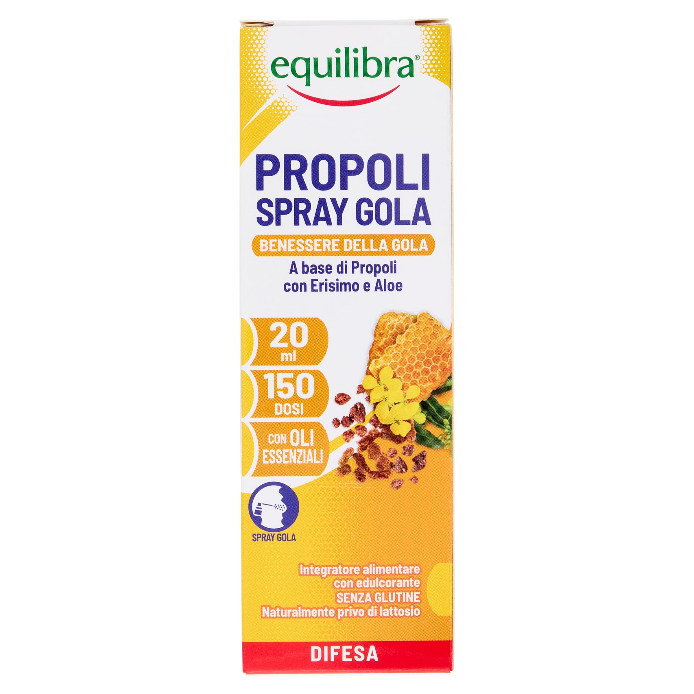 equilibra Integratori Alimentari, Propoli Spray, Integratore a Base di Propoli, Erisimo e Aloe Vera, per il Benessere della Gola, Azione Emolliente e Lenitiva, Flacone Spray 20 ml