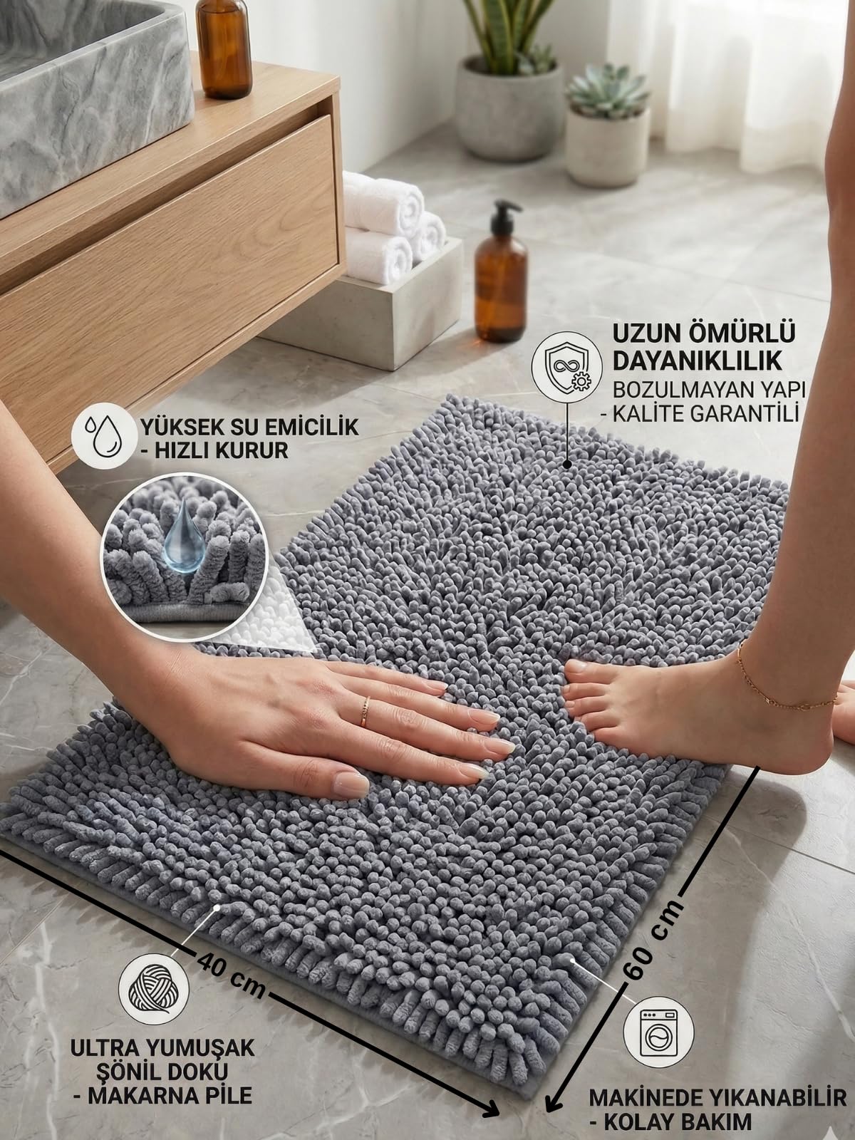 Şönil Banyo Paspası, Mikro Elyaf, Beyaz, 40x60 cm Banyo Halısı, Uzun Tüylü, Yüksek Emicilik, Makinede Yıkanabilir (Gri)