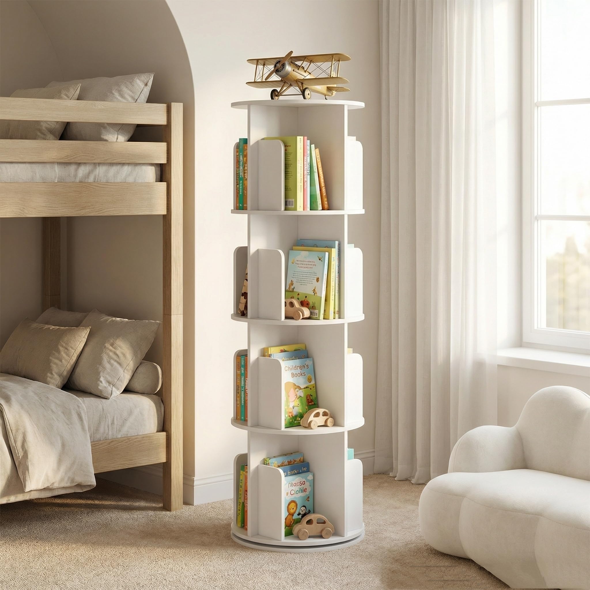 Enfant Bibliothèque Pivotante, 360° Rotative, 4 Niveaux, Étagère à Jouets, Bibliothèque Enfant pour Chambres d'enfants, Bibliotheque Enfant et Salon, Ronde, Blanc