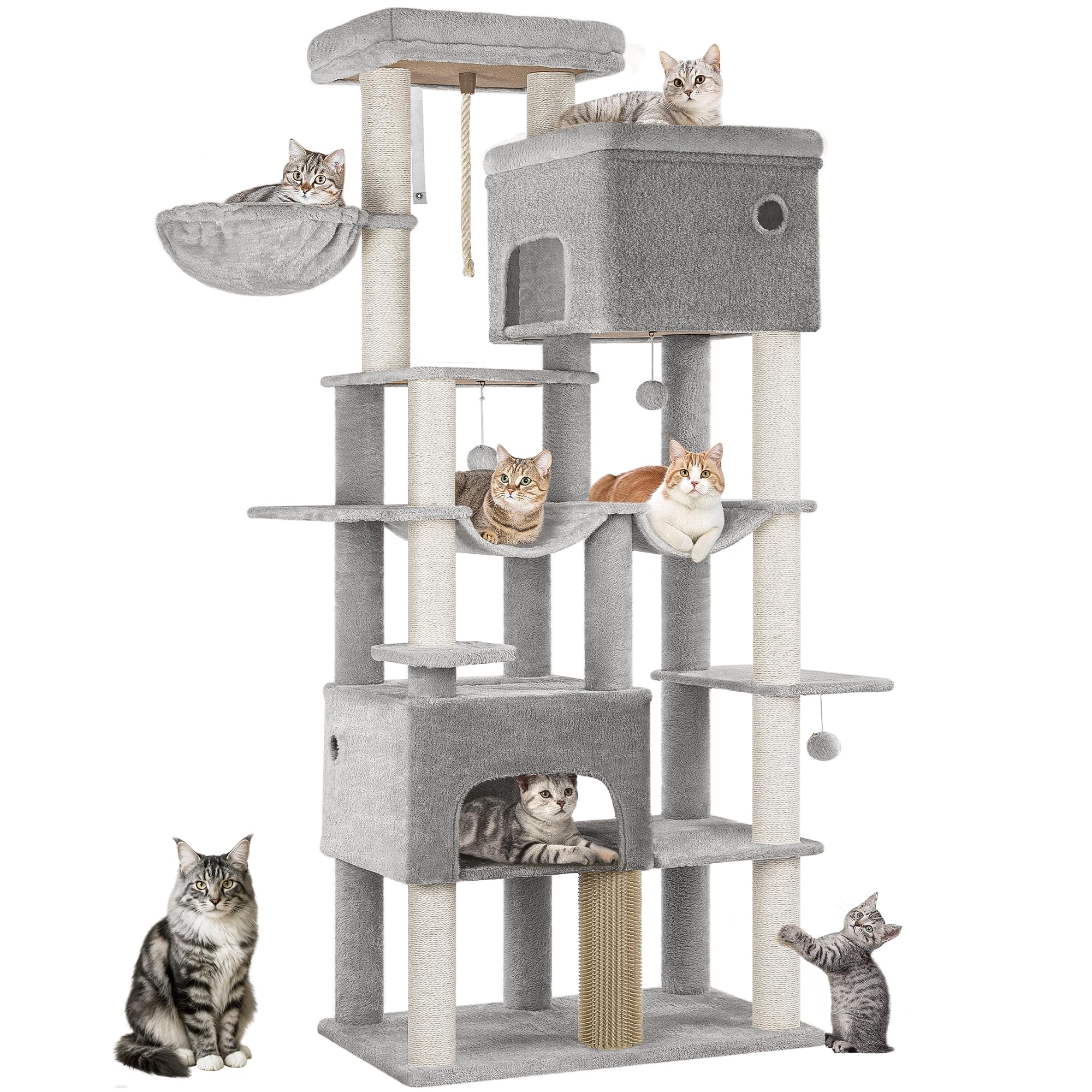 Hzuaneri Albero Gatto 200 cm Extra Large, Tiragraffi con 2 Cucce e 10 Sisal, Torre Resistente per Gatti Grandi Maine Coon, Include 2 Amache, Grigio Chiaro MS20018LG