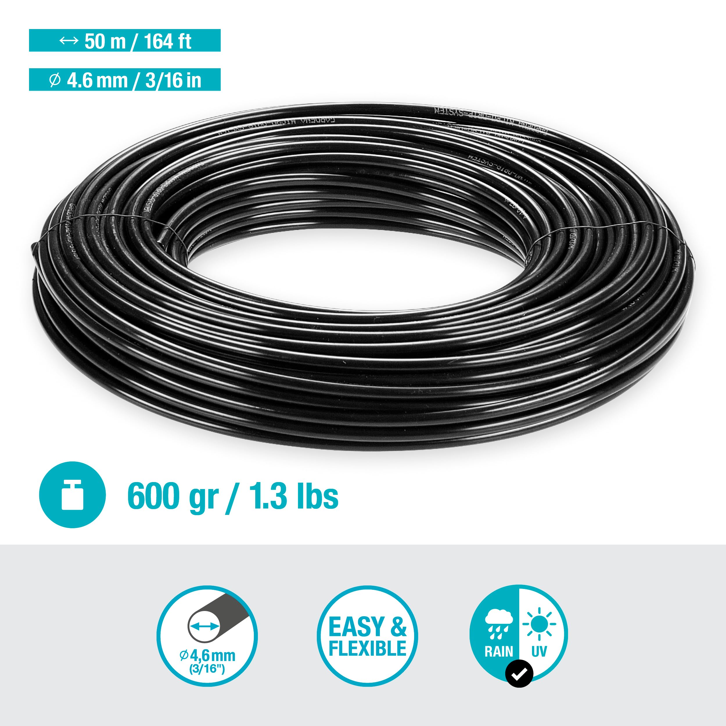 Gardena Tubo de distribución de Ø4,6 mm Rollo de 50 m, Negro, 4,6 mm (3/16")