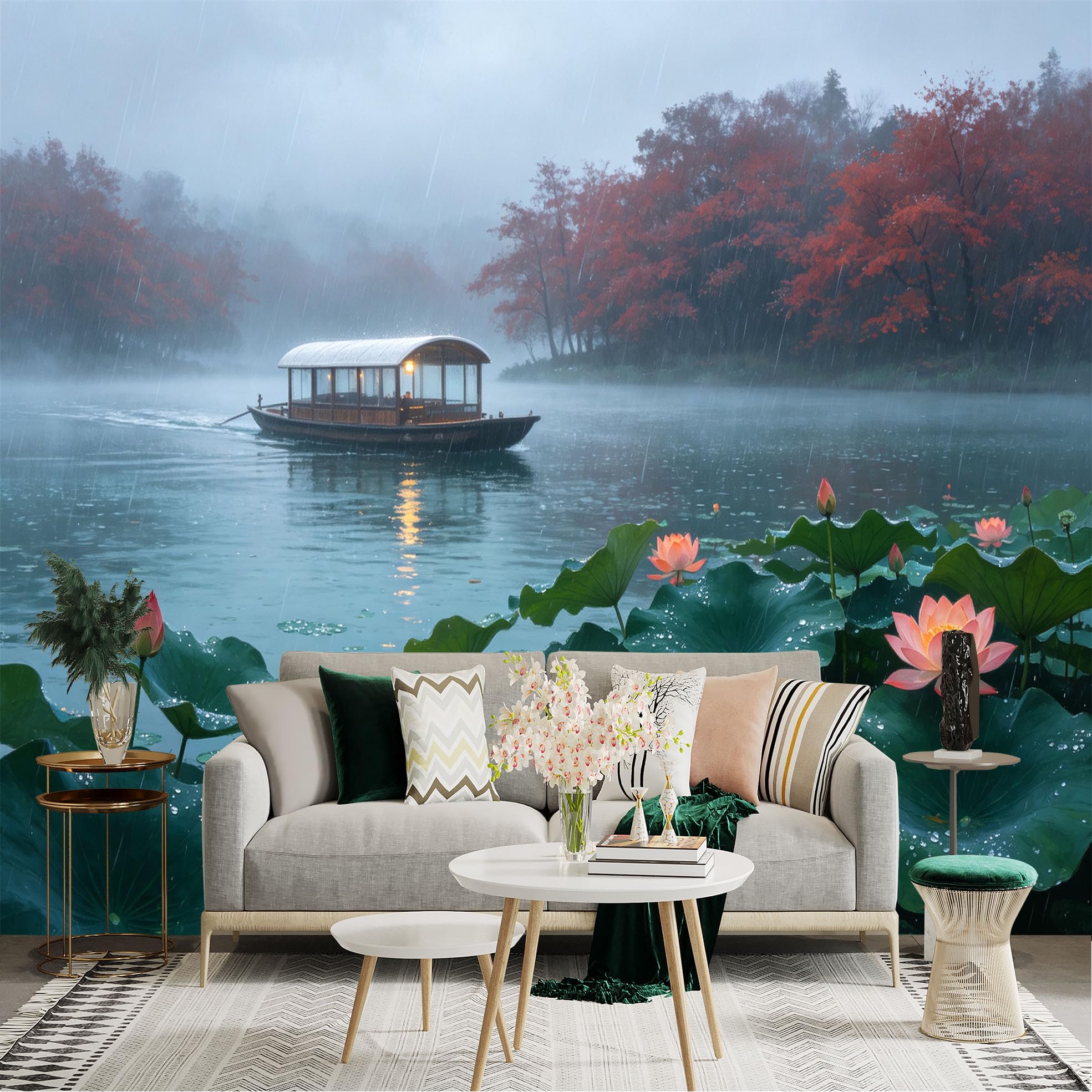 Custom Size Wall Sticker Mural， Rainy Lake with Wooden Boat， Blooming Lotus Flowers and Mandarin Ducks， for wall Decoration， peelandstick wall Decals.