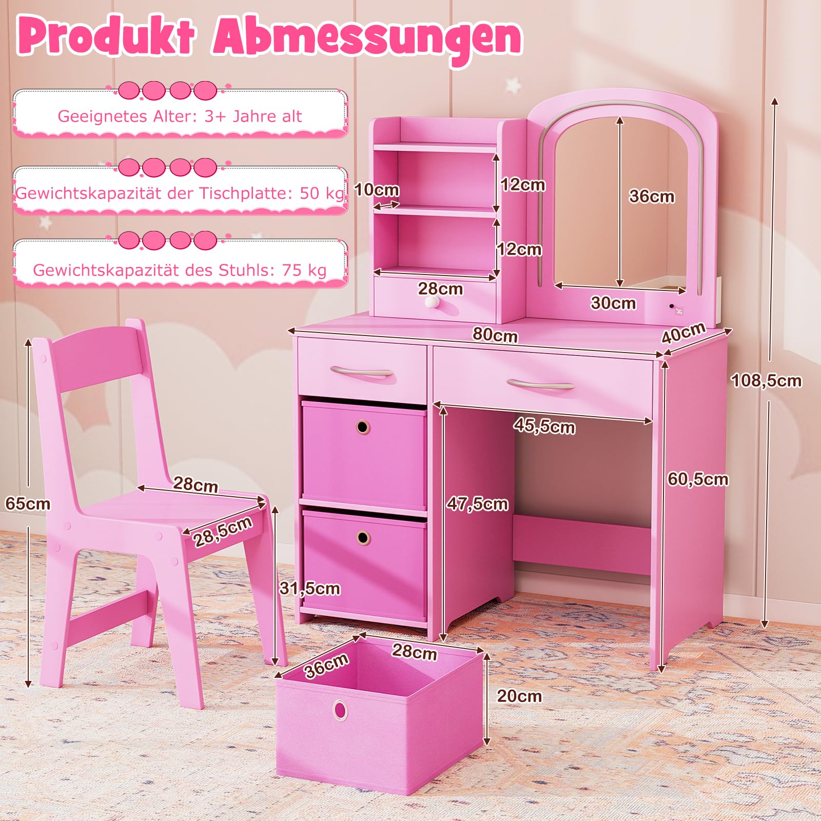 DREAMADE Schminktisch Kinder, Schminktisch Mädchen mit Stuhl & Buntem LED-Spiegel, Frisiertisch aus Holz, Kinderschminktisch mit offenen Regalen & Schubladen für Kinder ab 3 Jahren (Mit Boxen,Rosa)