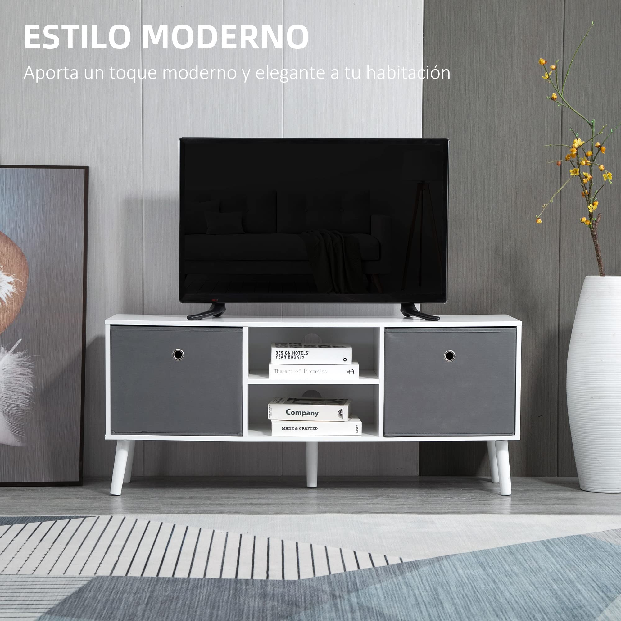 HOMCOM Mueble de TV, Mesa de TV con 2 Cajones de Tela, 2 Estantes Abiertos, Orificios para Cables, para Televisores hasta 50 Pulgadas, Largo de 110 cm, para Salón, Dormitorio, Blanco y Gris