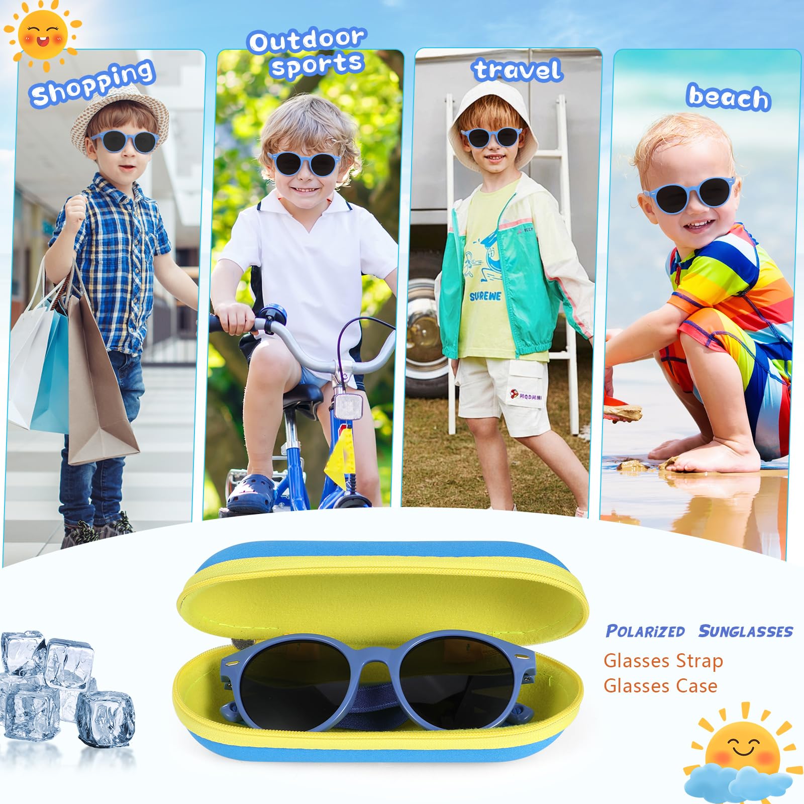 Gafas Sol Niño Niña Polarizadas UV400 Protección Rayos Gafas de Sol Infantiles Flexible Gafas de sol con Correa Funda de Gafas - De 3años a 10años