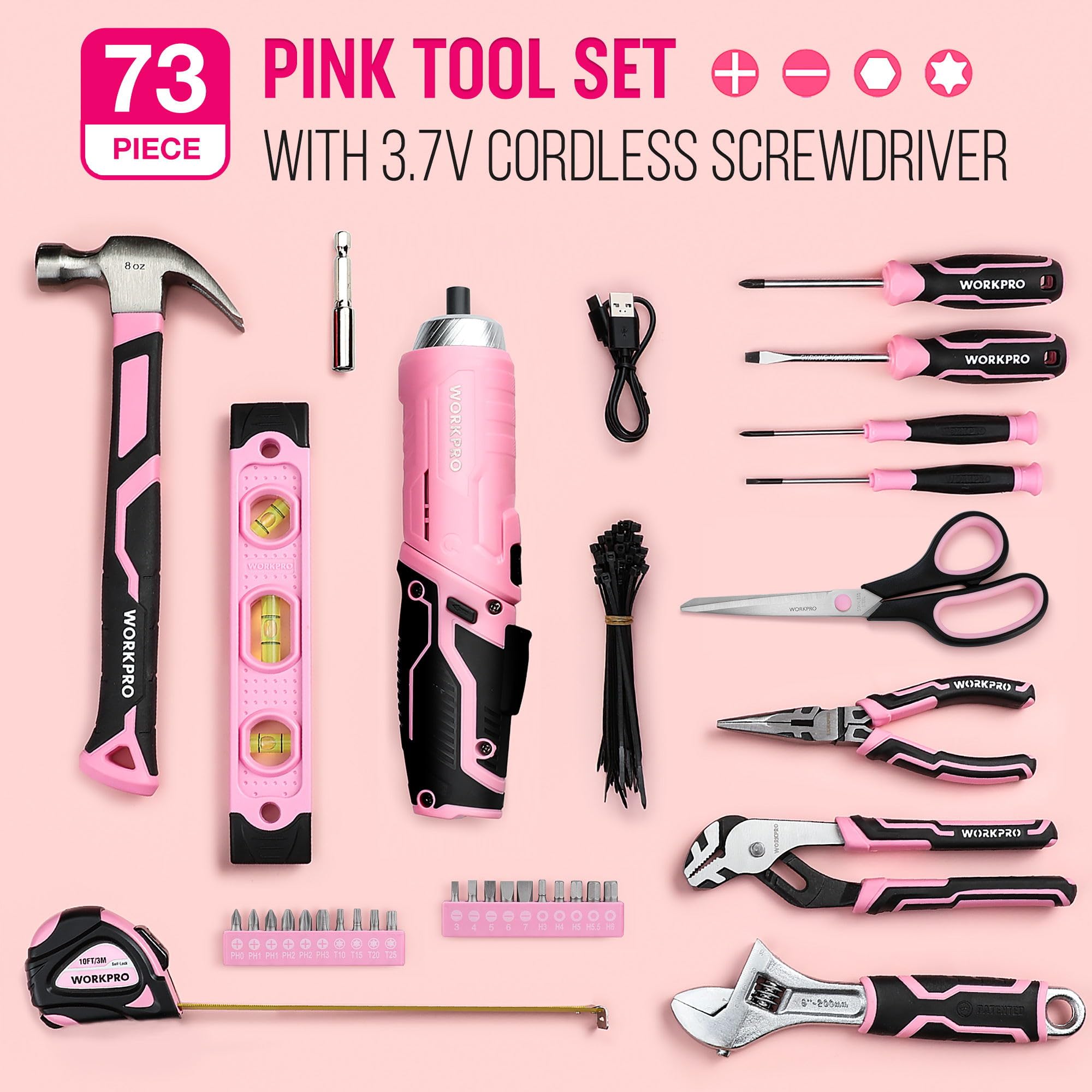 WORKPRO 73-Piece Pink Tool Set including Cordless 3.7V Screwdriver, Pink Tool Kit with Toolbox - Image 2