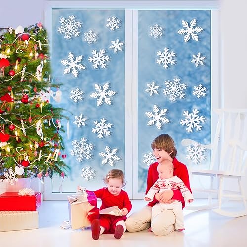 Miniatura 6 de Zyzhogar Calcomanías de ventana de copos de nieve de Navidad, 108 piezas de calcomanías de copos de nieve blancos, calcomanías grandes de copo de