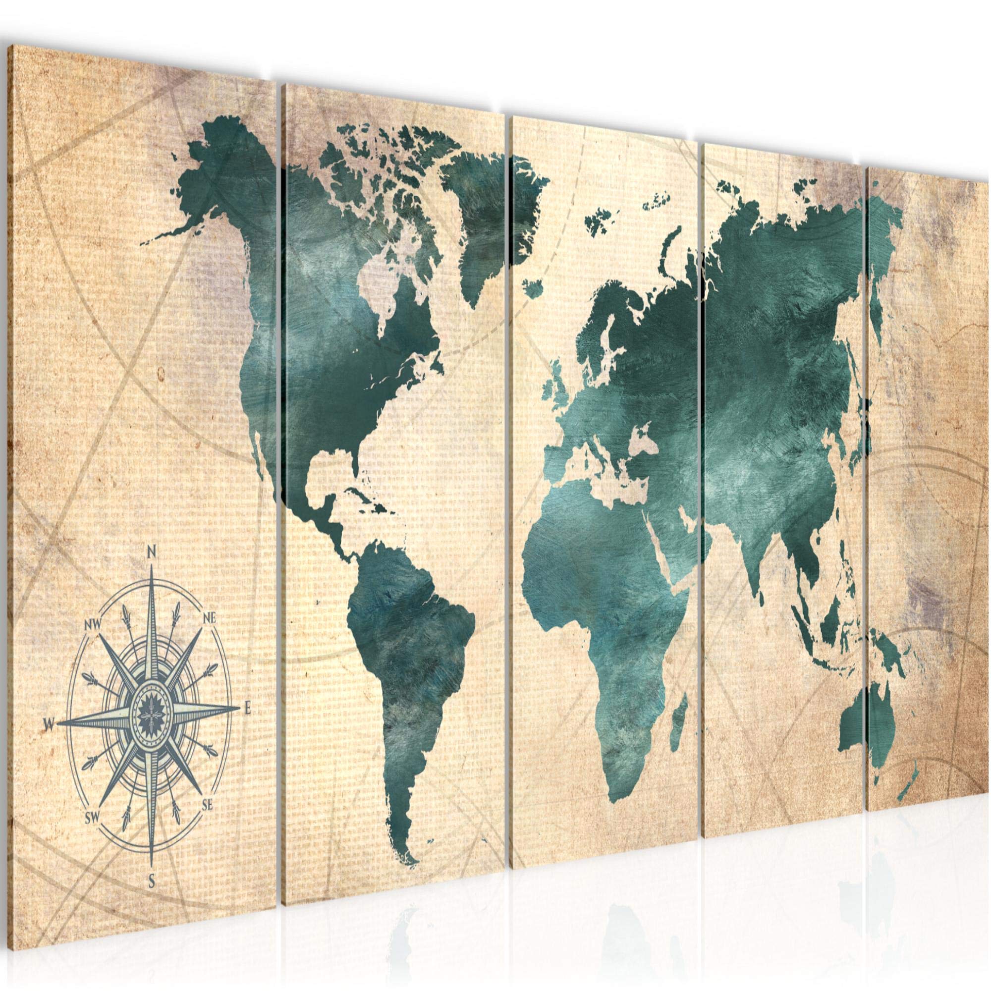 Runa Art A Run Art Wall Picture Xxl Map Of The World 200 X 80 Cm Green Brown 5 Pieces - Made In Germany - 026055