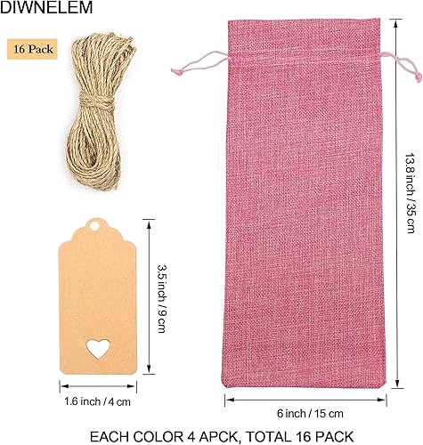 Miniatura 2 de DIWNELEM Paquete de 16 bolsas de vino de arpillera con cordón, bolsas de regalo de vino de yute, bolsas para botellas de vino con cordón para fiesta