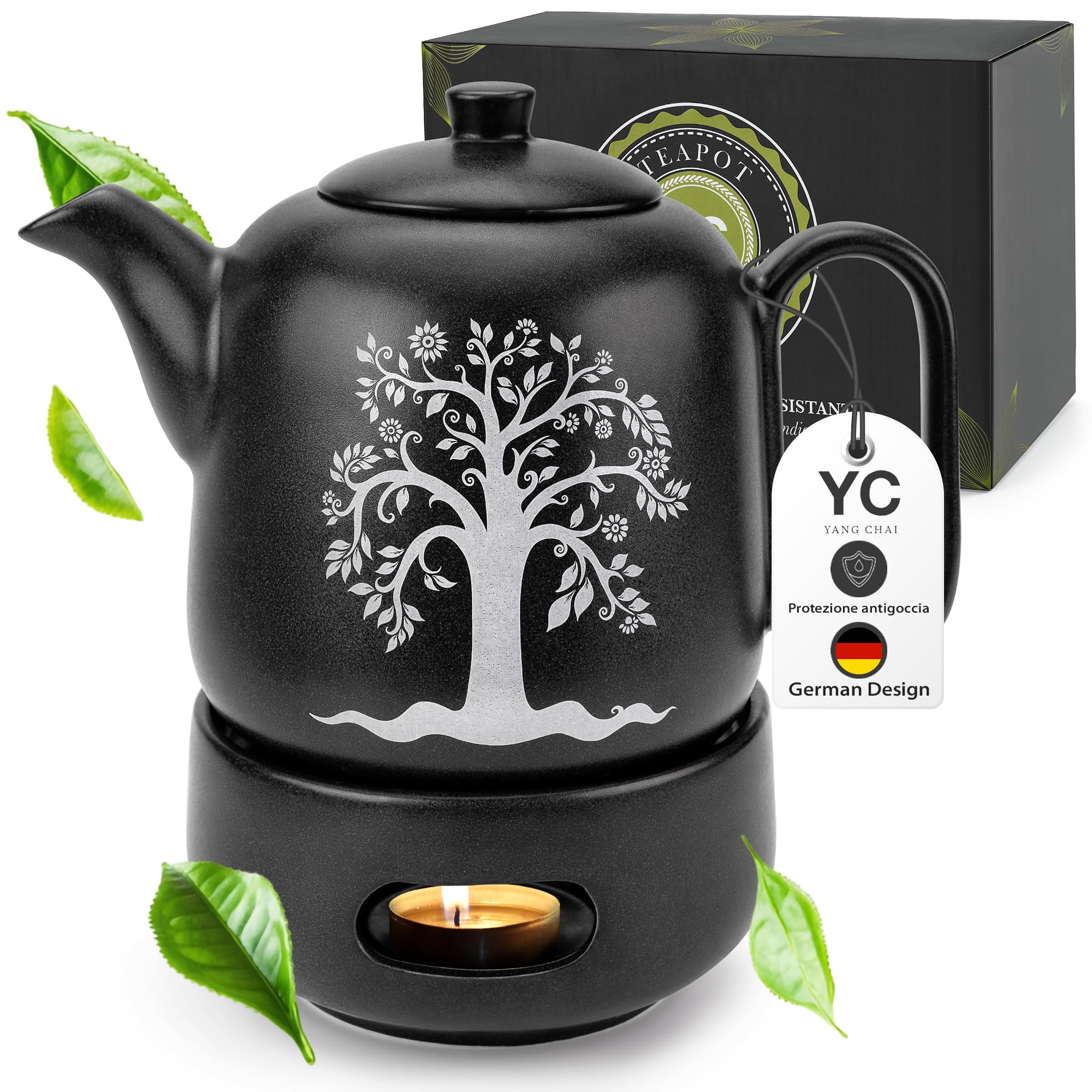YC Yang Chai YC TREE - Teiera con fornelletto, in ceramica nera opaca, 1,3 l, teiera con filtro – antigoccia e resistente al calore – teiera in ceramica fatta a mano – calore duraturo