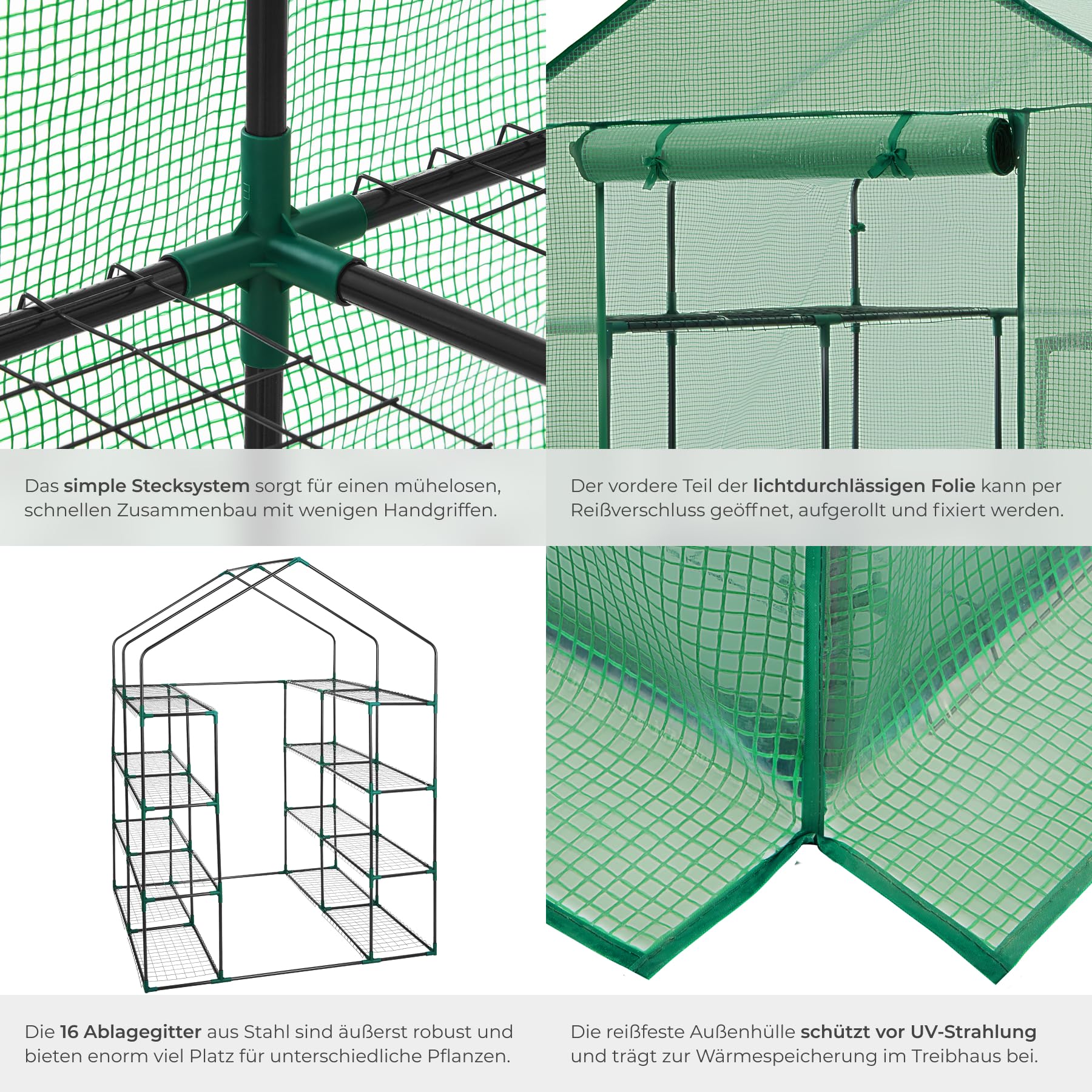 tectake® Foliengewächshaus mit UV-beständiger PE-Gitterfolie und 16 Metallablagegittern, 143 x 143 x 195 cm, Gewächshaus schützt vor Kälte, Regen und Frost, Anzucht Gewächshaus für Tomaten & Pflanzen