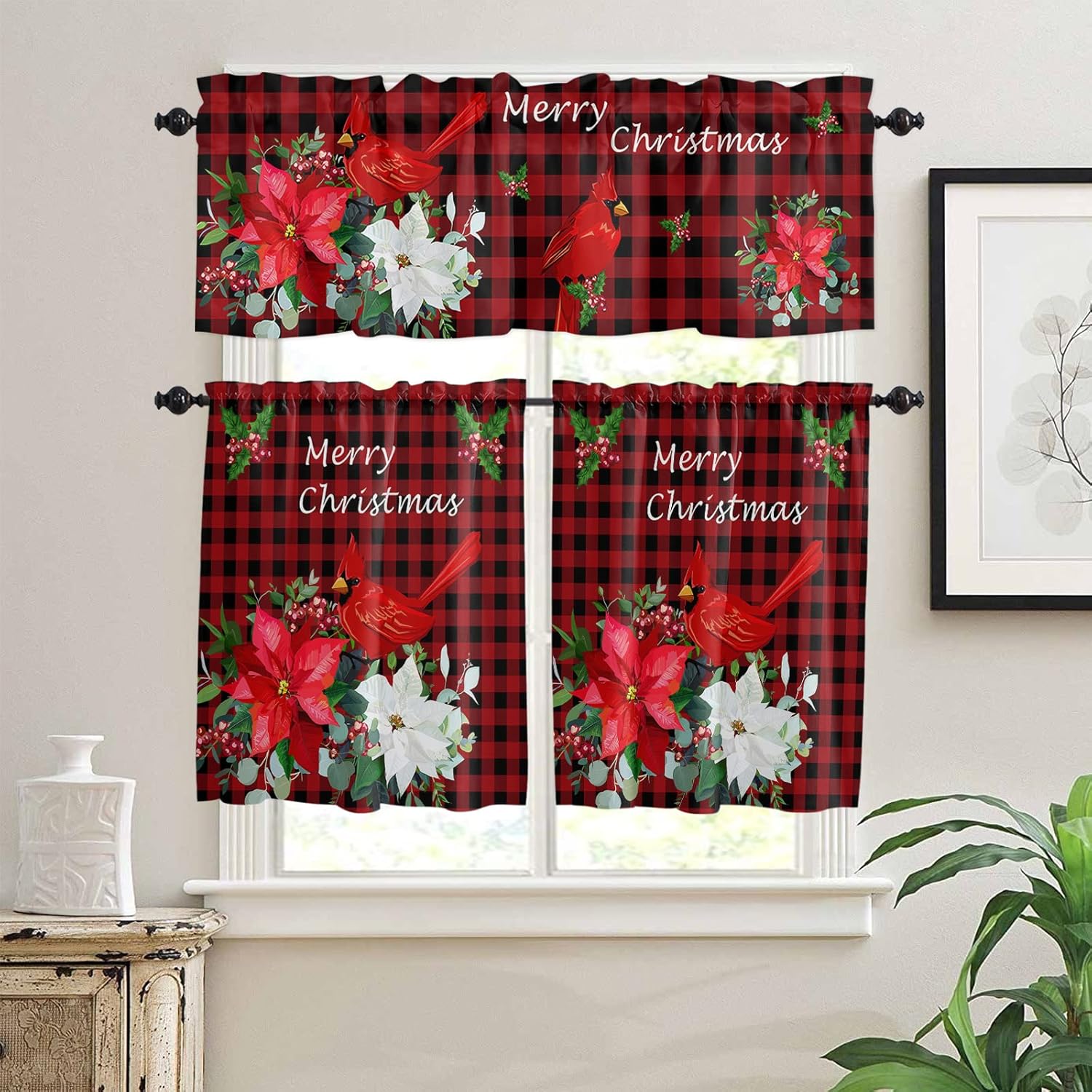 Curtain Valance and Tiers Set for Kitchen Windows Christmas