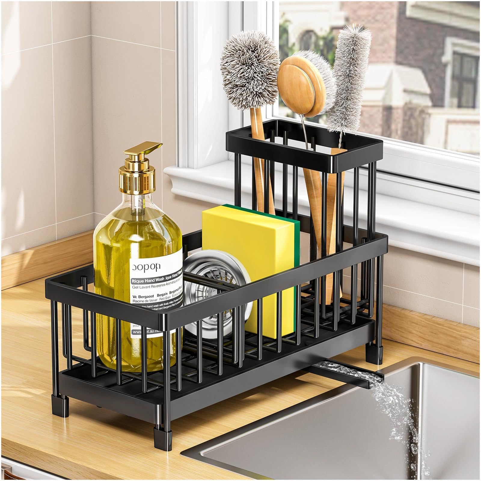 LANHAITUN Black Sponge Holder for Kitchen Sink Sink Caddy with Brush Holder Self-draining Sponge Sturdy Rustproof Stainless Steel