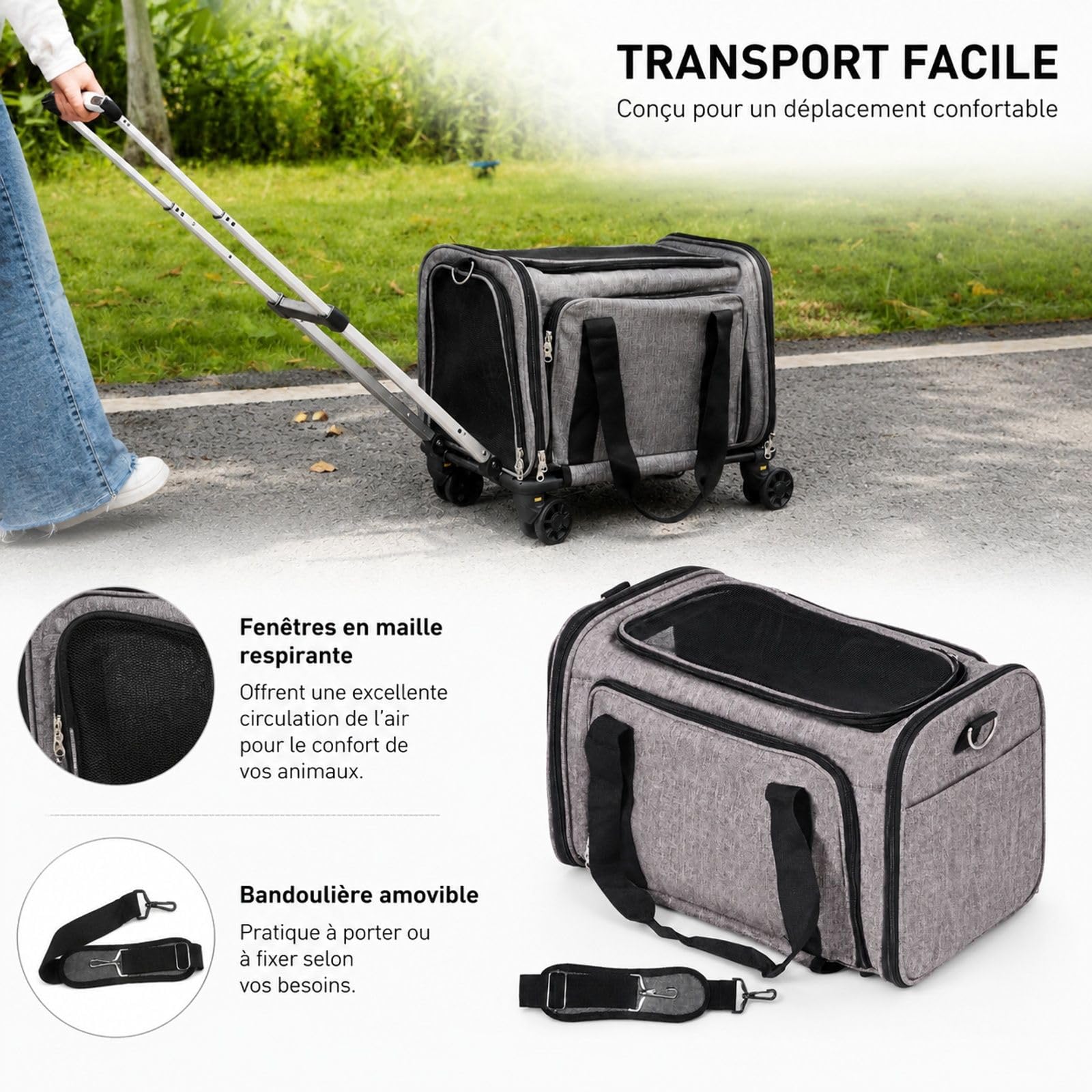Sac de Transport à roulettes pour Chat et Chien 11,3 kg, Gris, poignée télescopique, bandoulière, gamelle Pliable, Fermeture éclair autobloquante, pour Voyage et Sortie