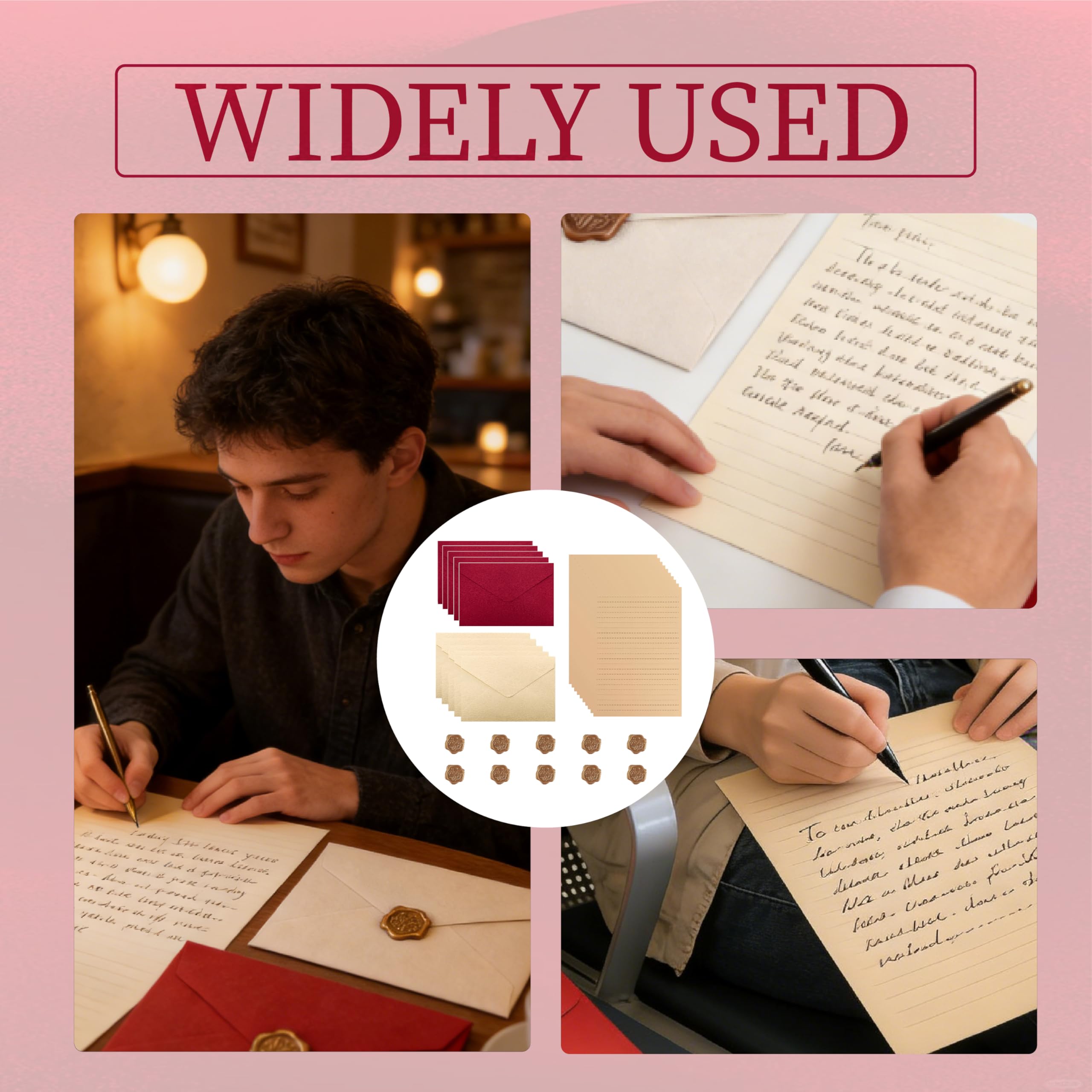 Ensemble Papier à Lettre Vintage, 5 Enveloppes Beiges, 5 Rouges, 30 Feuilles, 10 Autocollants Cire