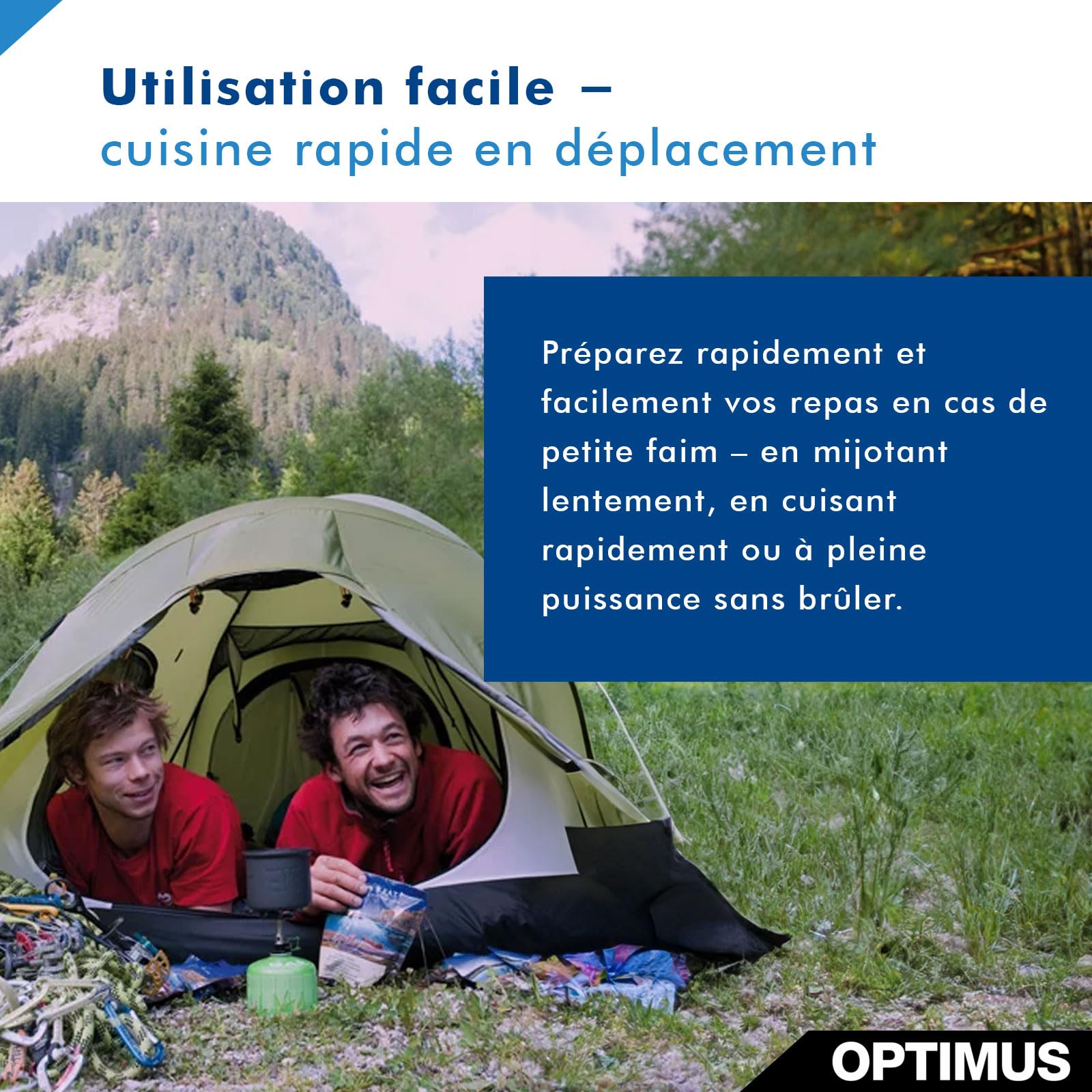Optimus Crux Lite Solo – Système de cuisson gaz ultra‑léger pour camping & trekking : réchaud + casserole 0,6 L & poêle | 3000 W | poids total 272 g | avec sac filet et pochette néoprène