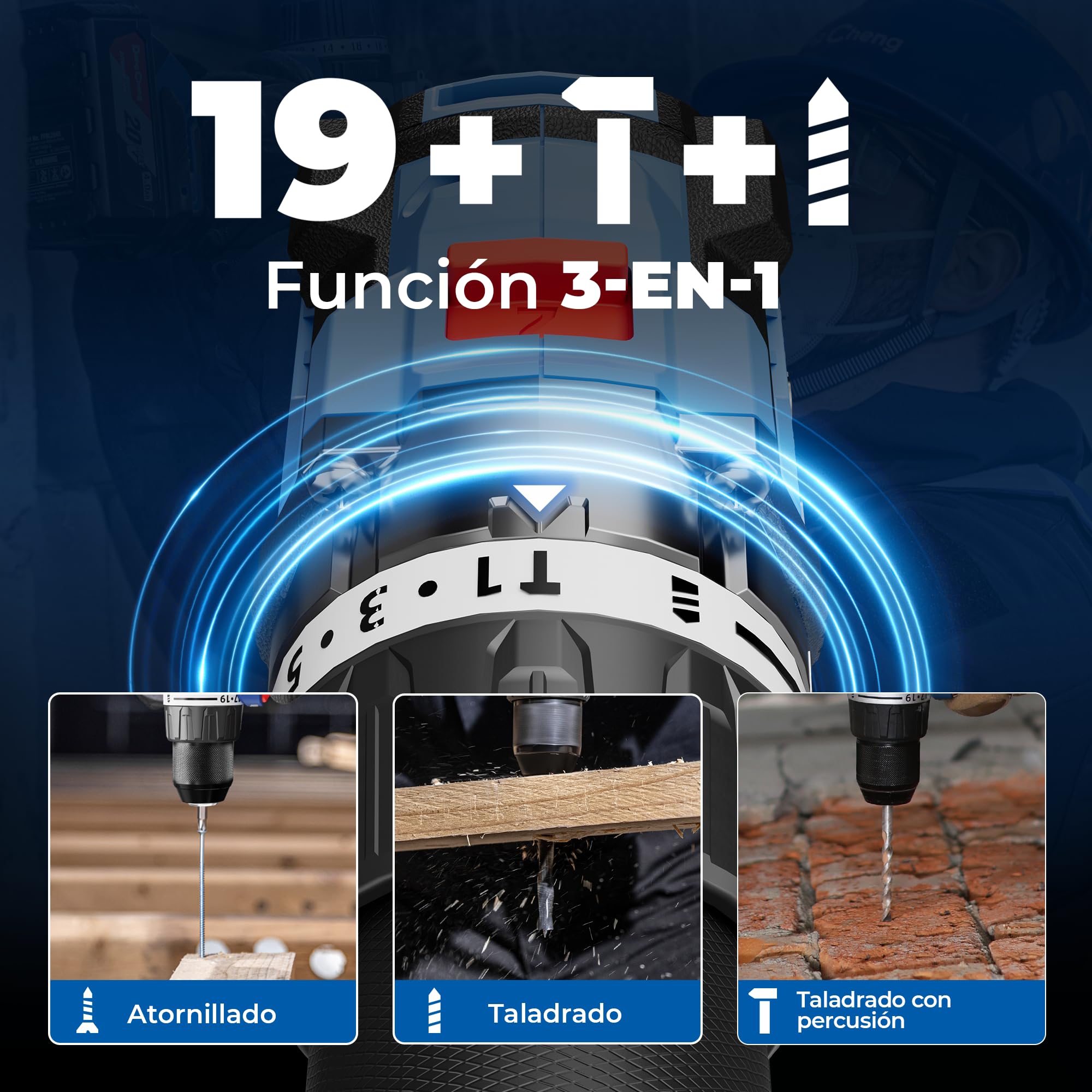 Dong Cheng Taladro de Percusión Inalámbrico 20V 160Nm, Taladro Percutor Batería Brushless, 2x4,0Ah, 3 Modos-Atornillar, Perforar y Percuto, Portabrocas de 13 mm, 2 Velocidades, 19+2Niveles de Par